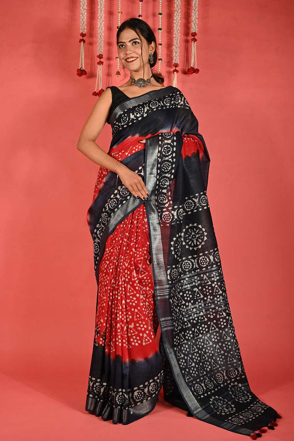 Ready To Wear Cotton Silk Tie & Dye Handblock Printed With Tassels on Pallu Wrap in 1 minute saree
