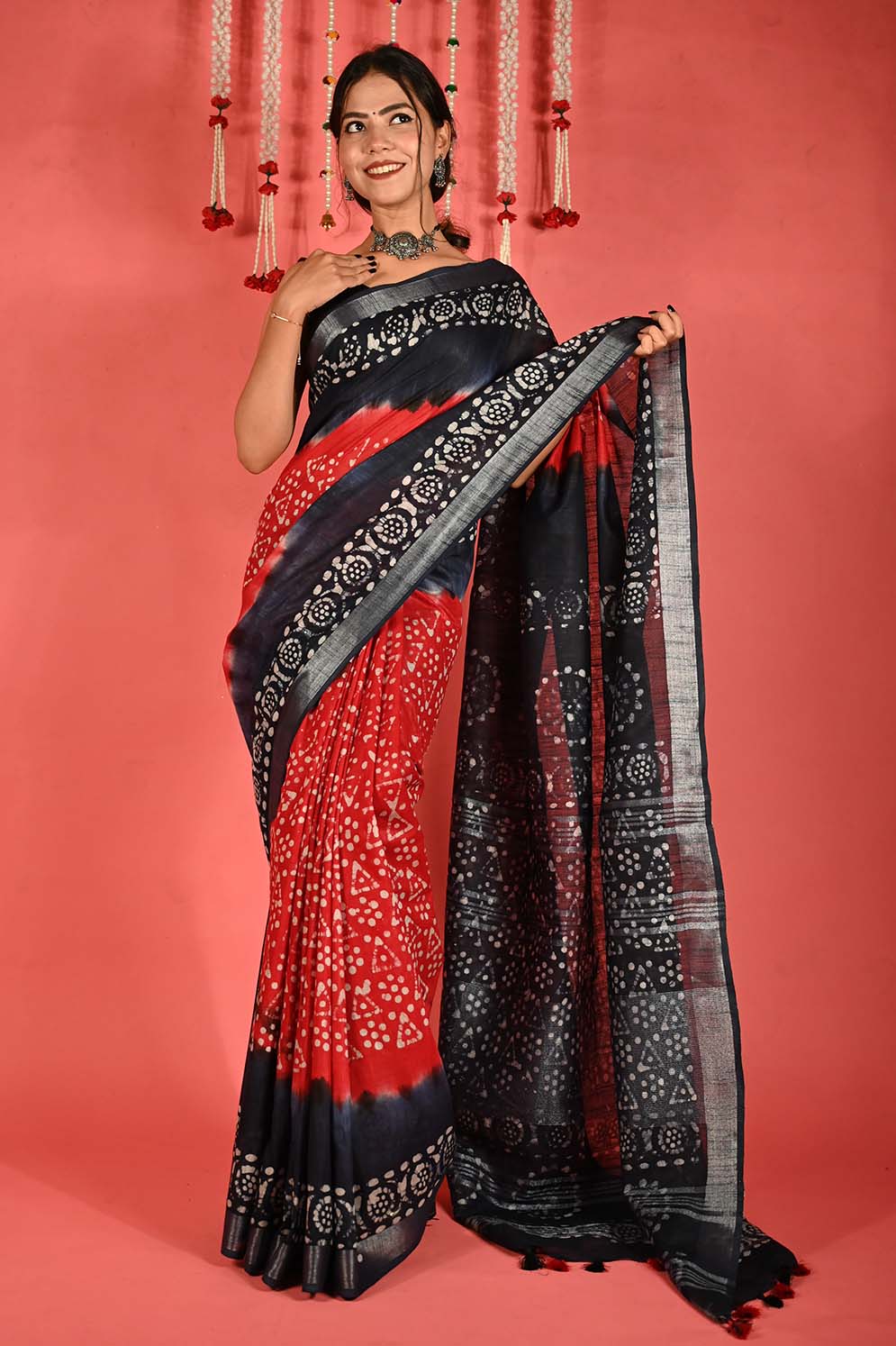 Ready To Wear Cotton Silk Tie & Dye Handblock Printed With Tassels on Pallu Wrap in 1 minute saree - Isadora Life