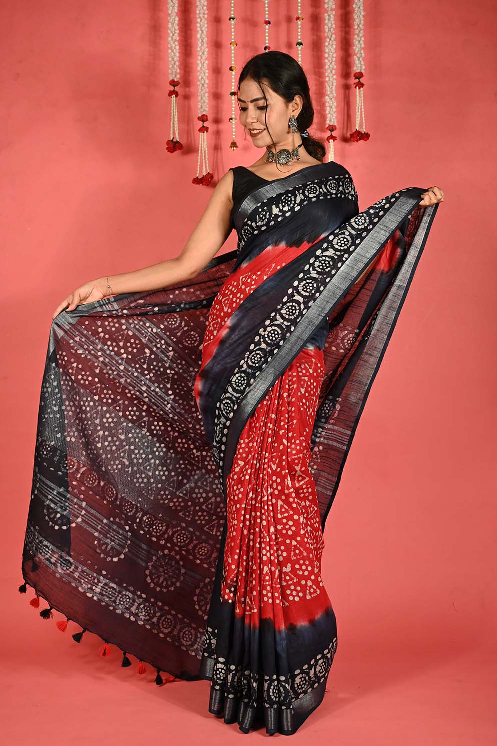 Ready To Wear Cotton Silk Tie & Dye Handblock Printed With Tassels on Pallu Wrap in 1 minute saree - Isadora Life