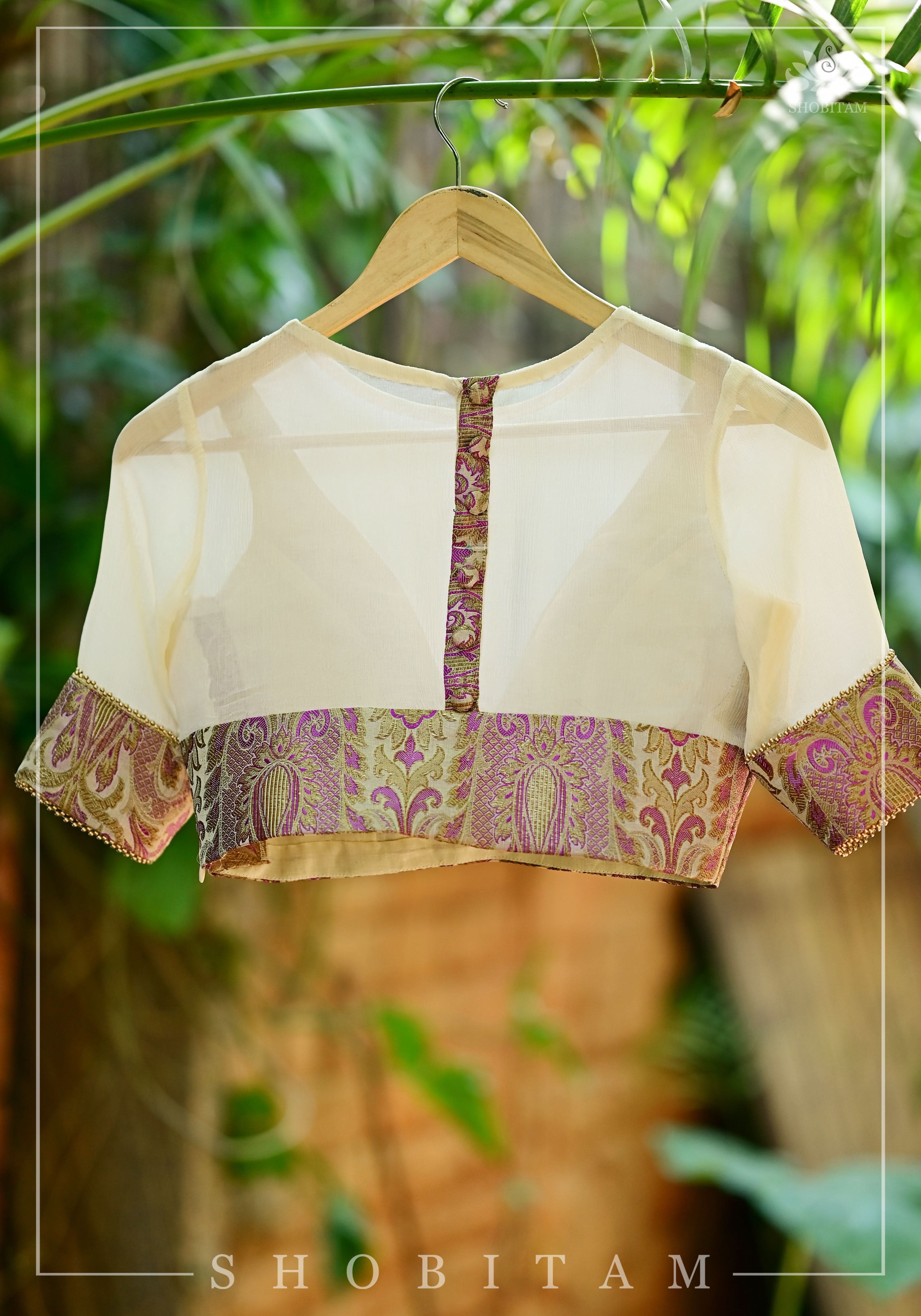 Purple Banarasi Blouse with sheer yoke, back and sleeves in beige net | Shobitam