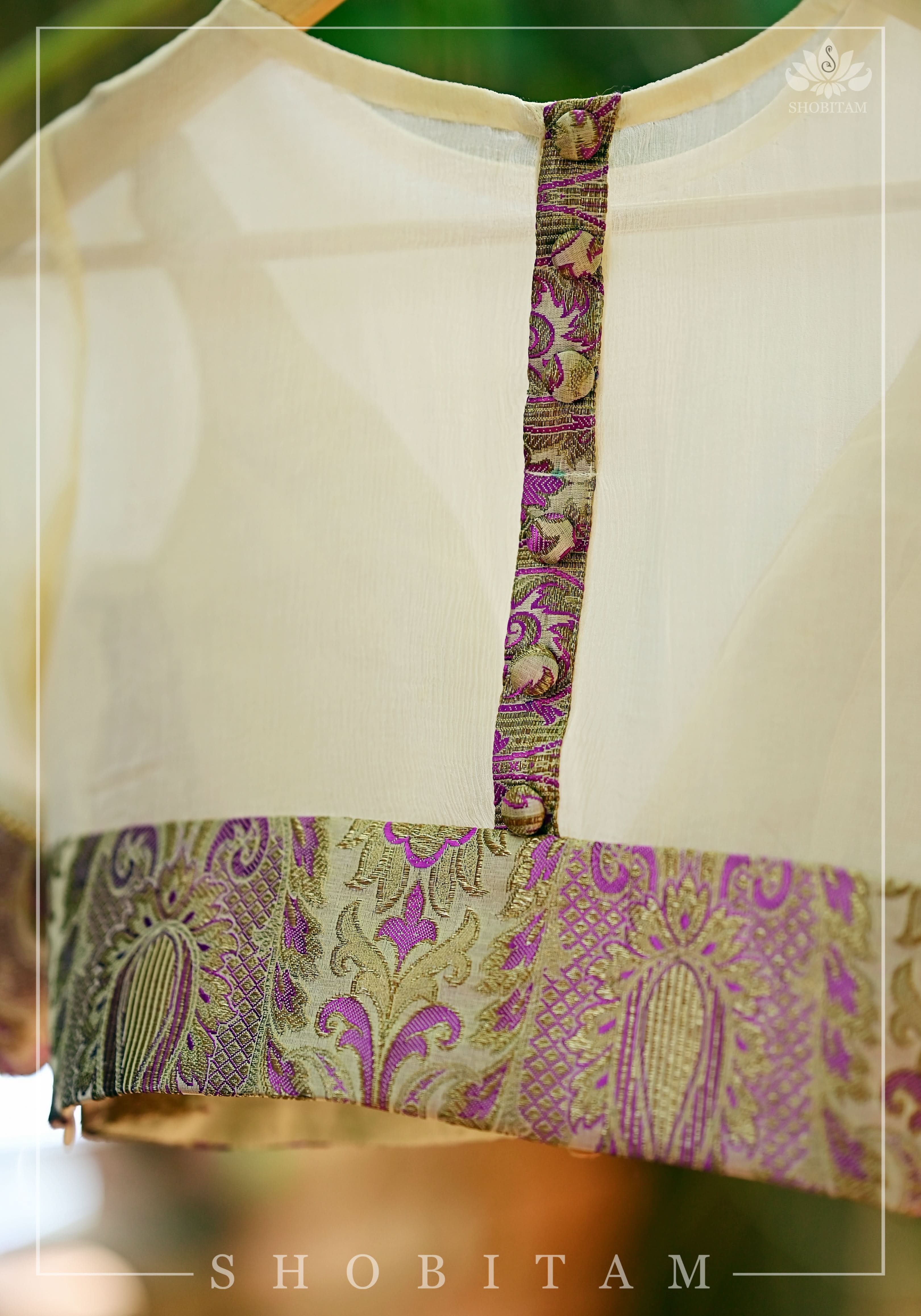 Purple Banarasi Blouse with sheer yoke, back and sleeves in beige net | Shobitam