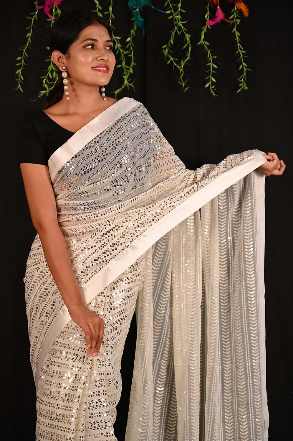 Ready To Wear  Party Embellished Sequined With Solid Border  Wrap in 1 minute saree - Isadora Life