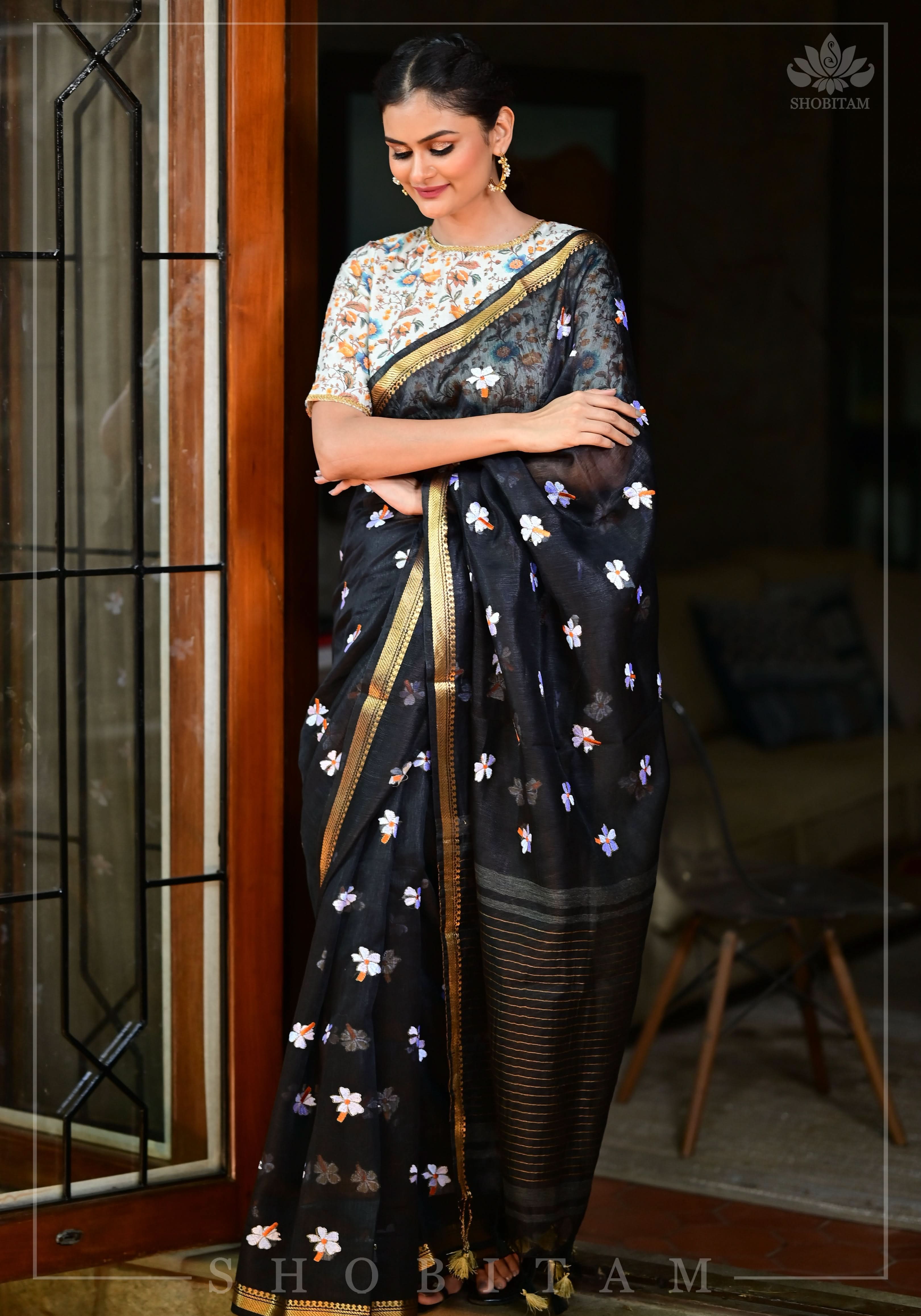 Parijaat - The Eternal Flower : Embroidery on Black Silk Linen Saree | Shobitam