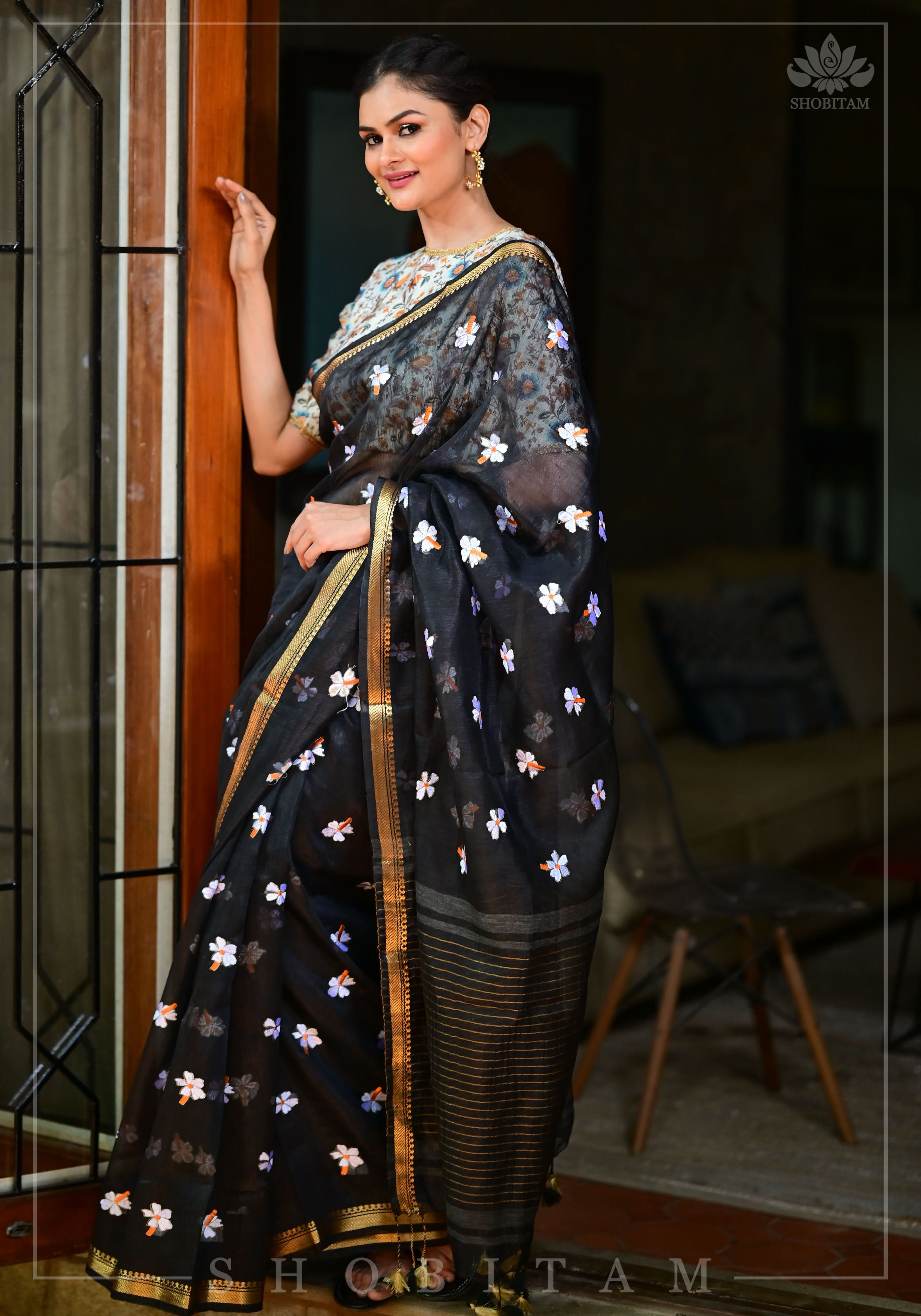 Parijaat - The Eternal Flower : Embroidery on Black Silk Linen Saree | Shobitam