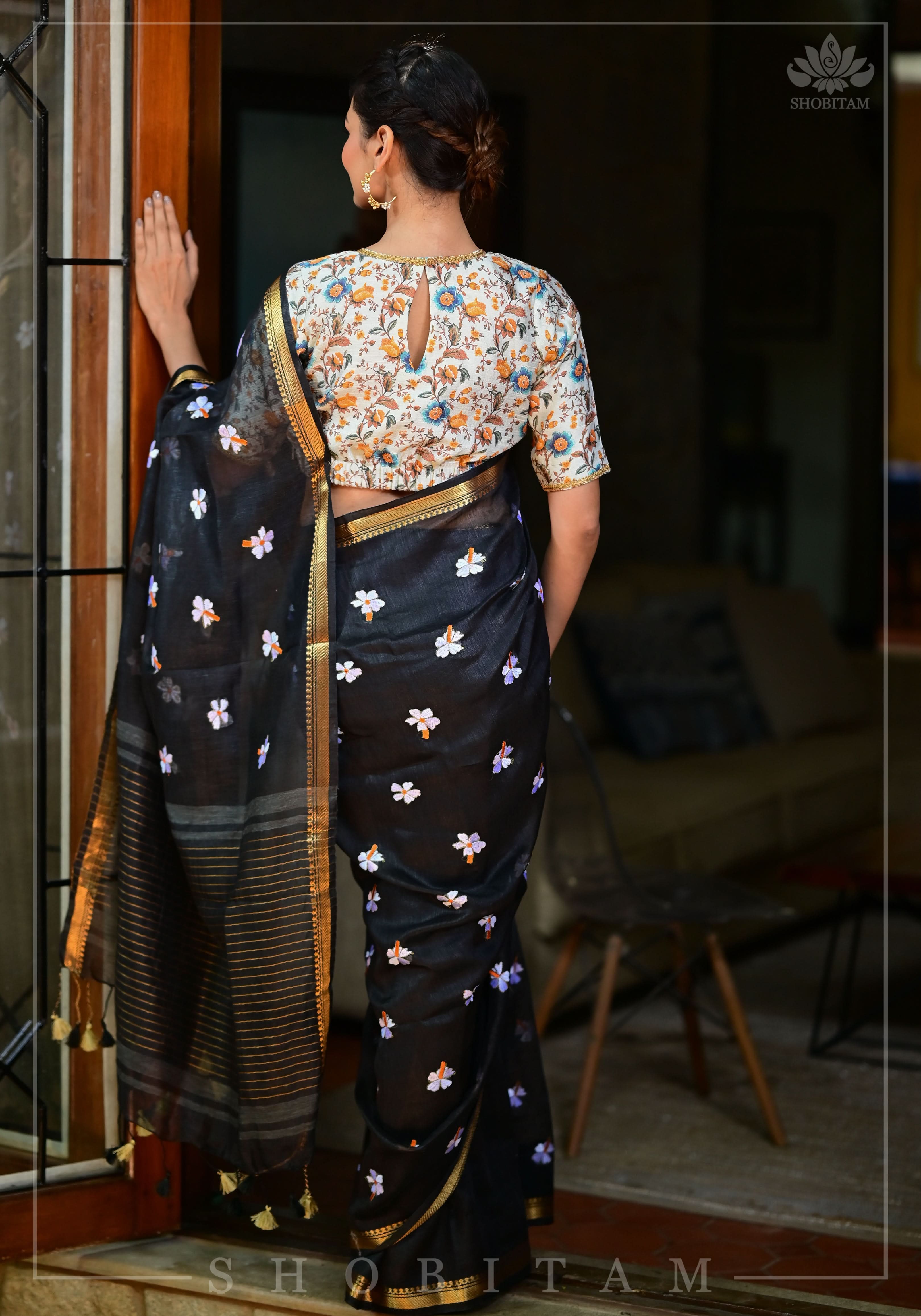 Parijaat - The Eternal Flower : Embroidery on Black Silk Linen Saree | Shobitam