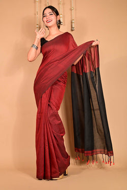 Ready to wear Beautiful Maroon Khadi Cotton Handloom With Black palla & Tassels on Pallu  Wrap in 1 minute Saree