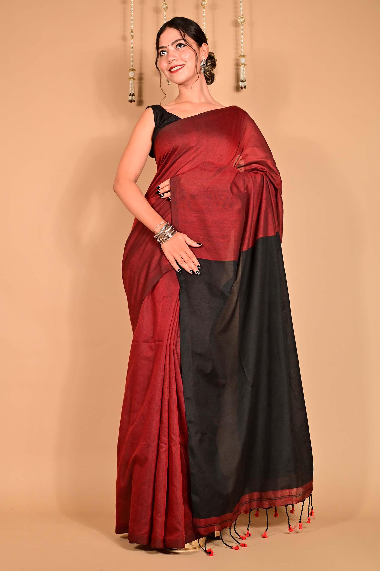 Ready to wear Beautiful Maroon Khadi Cotton Handloom With Black palla & Tassels on Pallu  Wrap in 1 minute Saree - Isadora Life