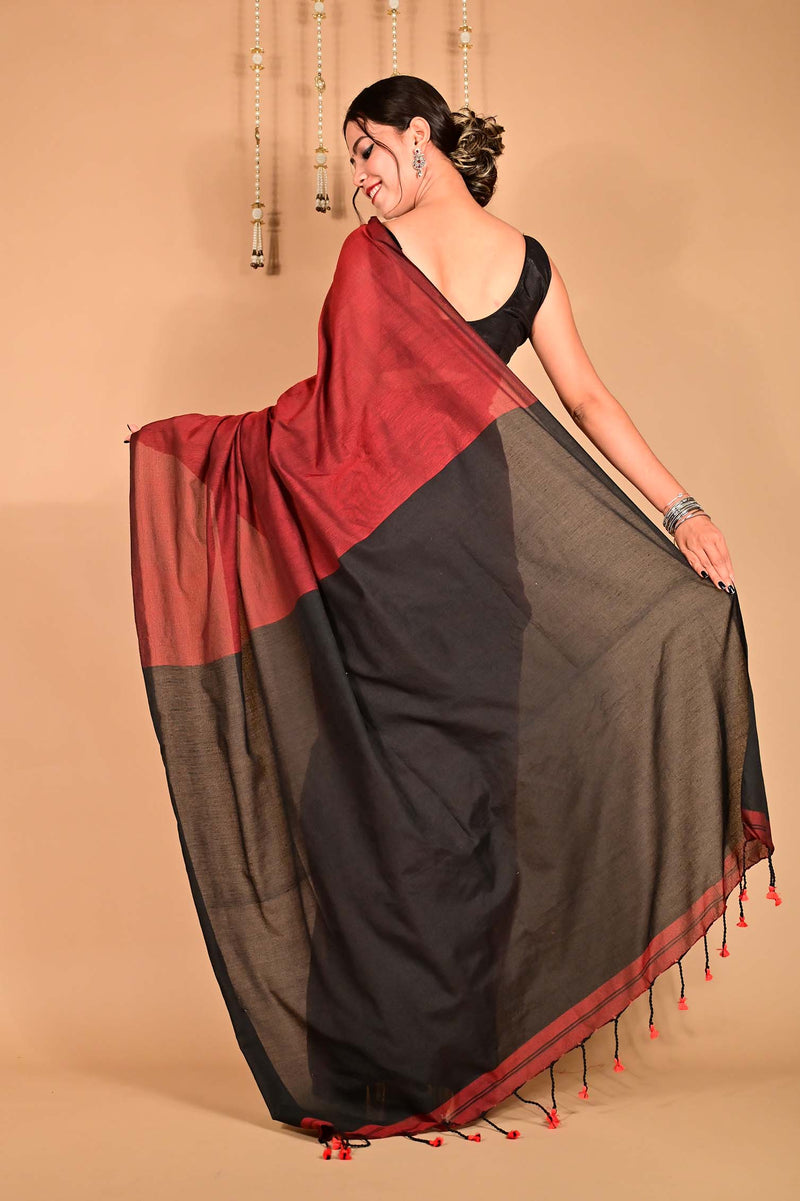 Ready to wear Beautiful Maroon Khadi Cotton Handloom With Black palla & Tassels on Pallu  Wrap in 1 minute Saree