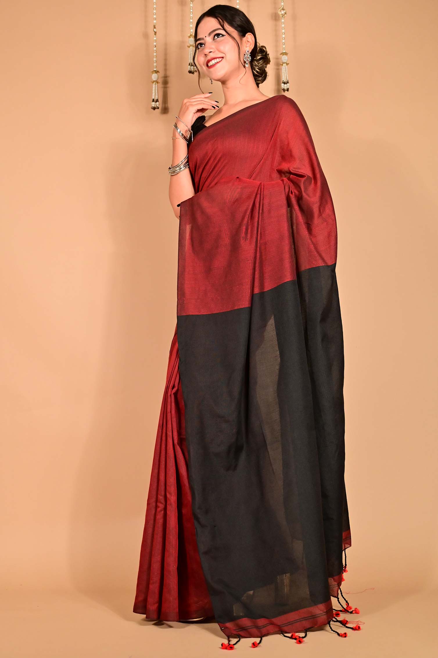 Ready to wear Beautiful Maroon Khadi Cotton Handloom With Black palla & Tassels on Pallu  Wrap in 1 minute Saree - Isadora Life