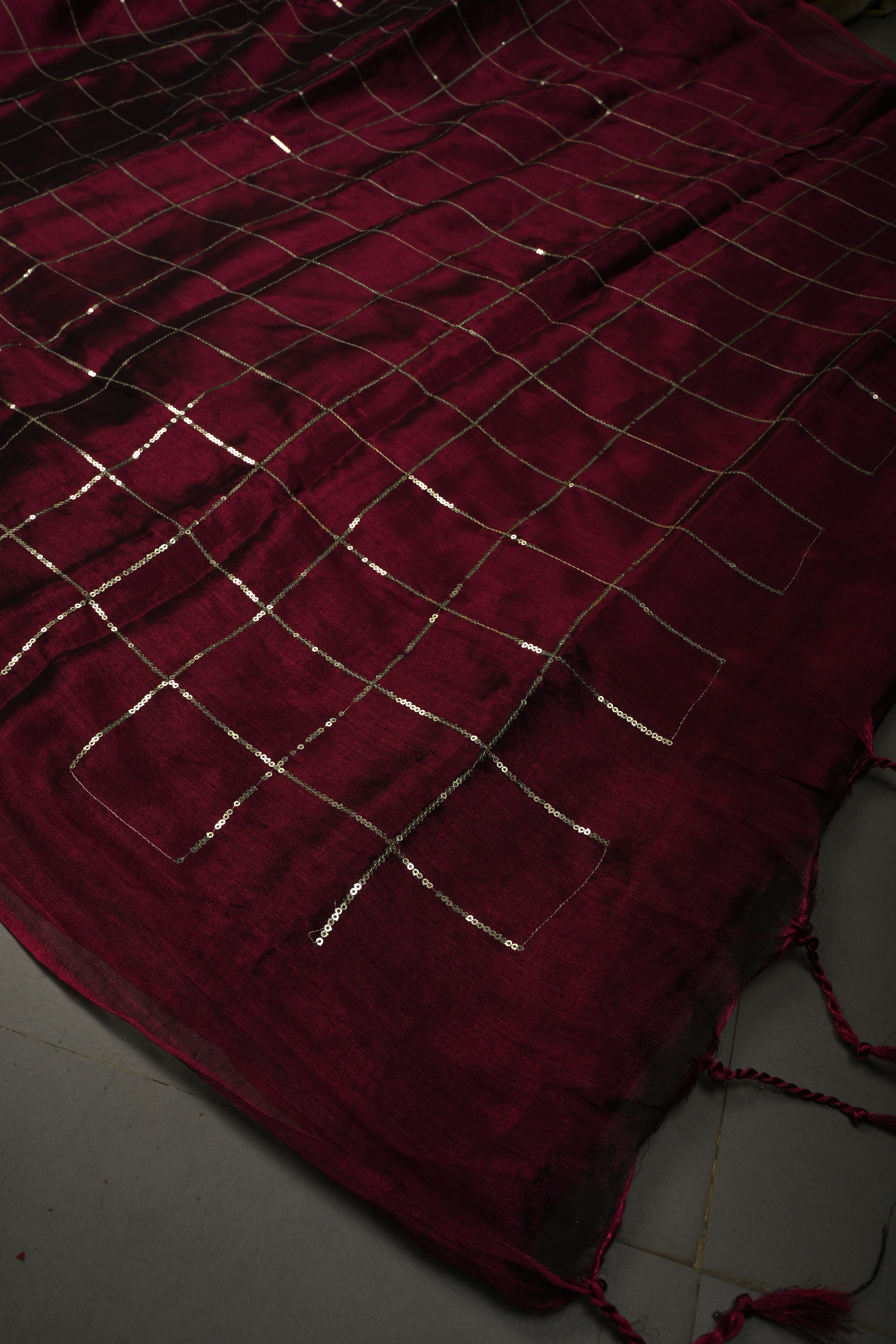 Tyrian Purple Borderless Cotton by Tissue Saree with Sequins Checks, No Blouse Piece | SHOBITAM