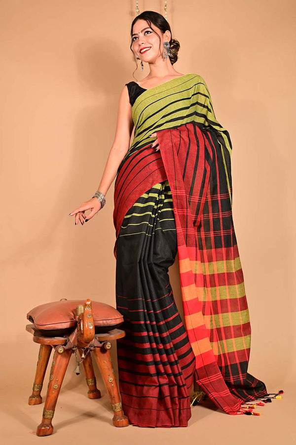 Ready to wear Khadi Cotton chettinad Salem pattern With Tassel Pallu  Wrap in 1 minute Saree - Isadora Life