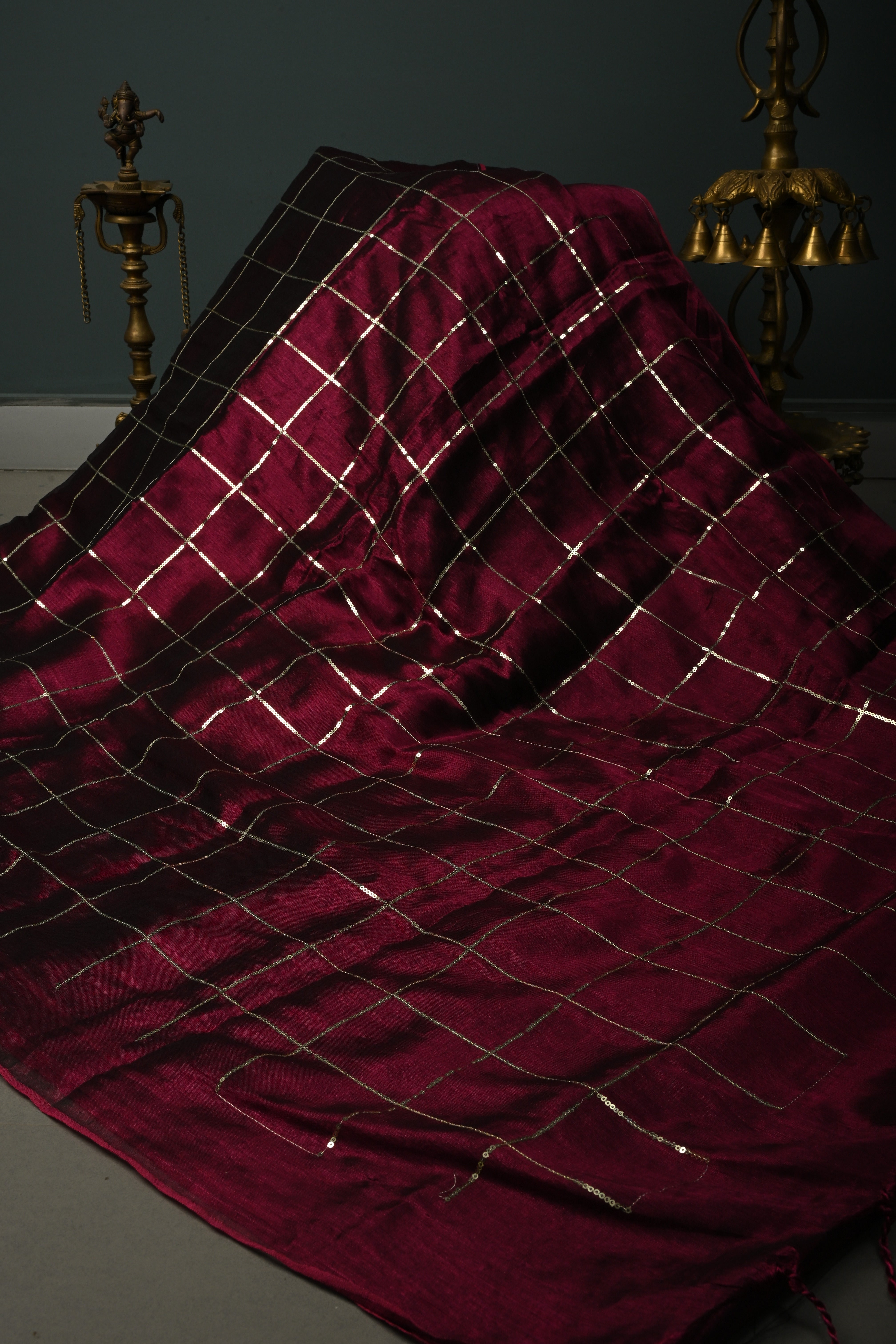Tyrian Purple Borderless Cotton by Tissue Saree with Sequins Checks, No Blouse Piece | SHOBITAM