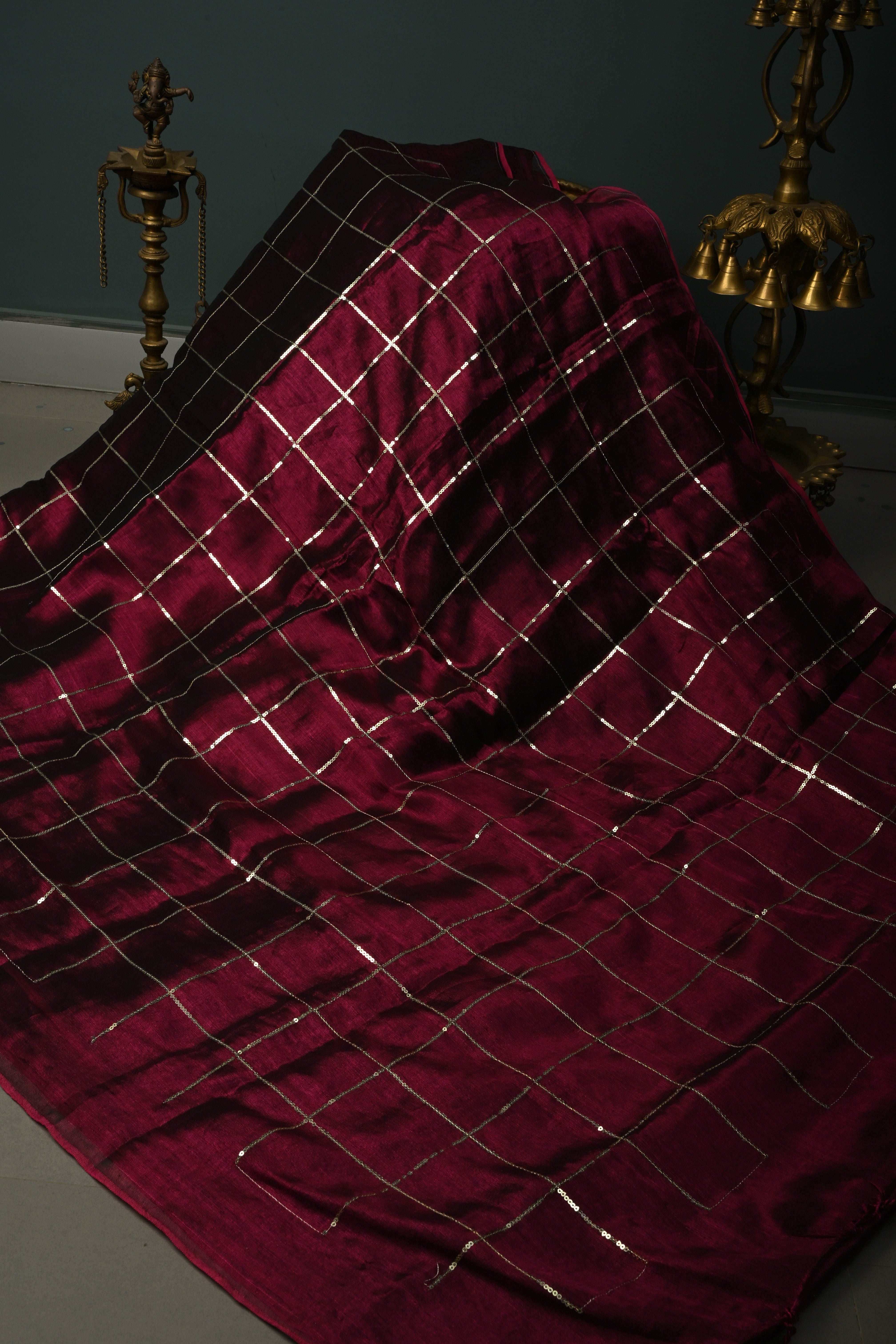 Tyrian Purple Borderless Cotton by Tissue Saree with Sequins Checks, No Blouse Piece | SHOBITAM