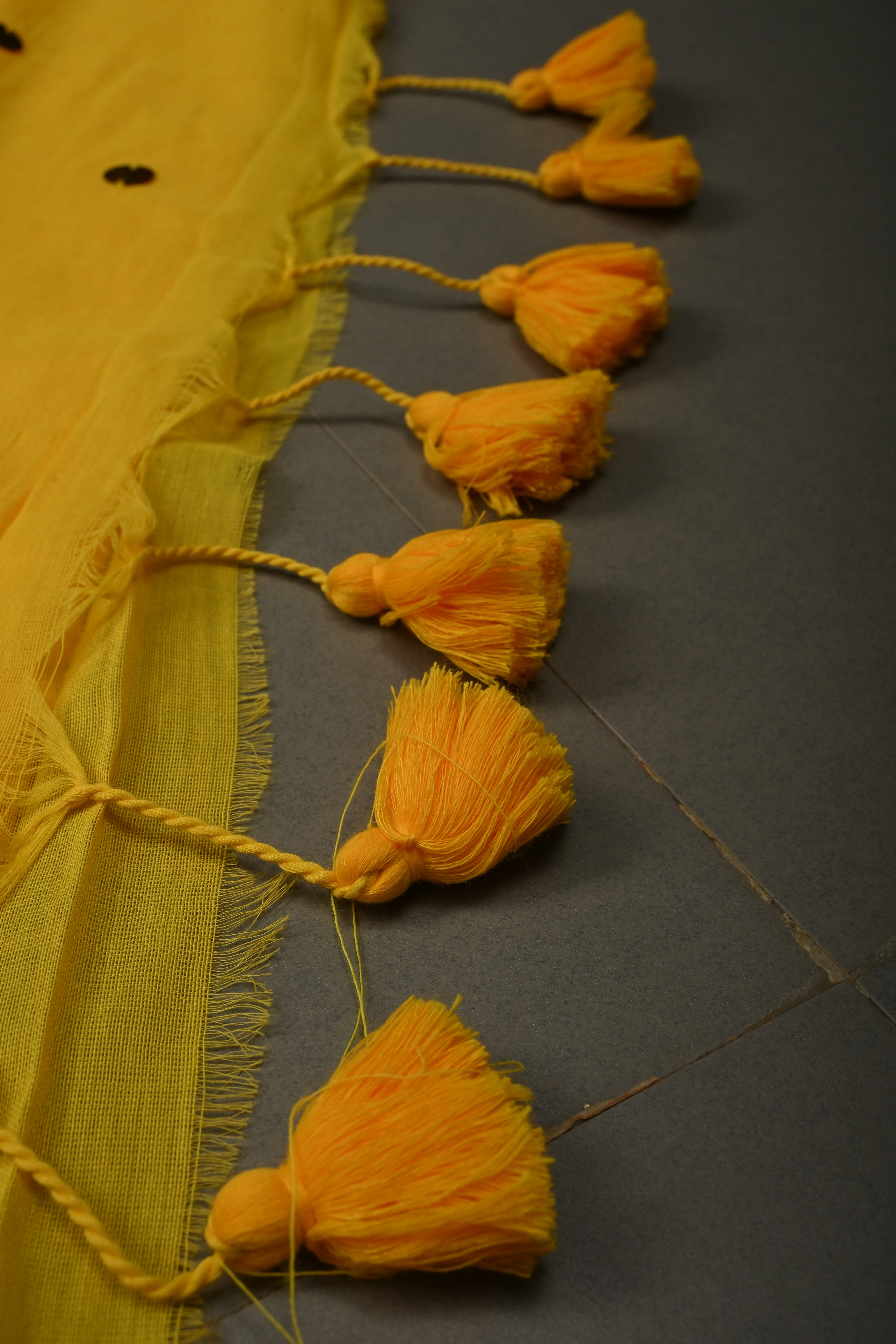 Haldi Yellow Mercerized Mul Cotton Saree with Tikki Work and Long Tassels, No Blouse Piece | Shobitam