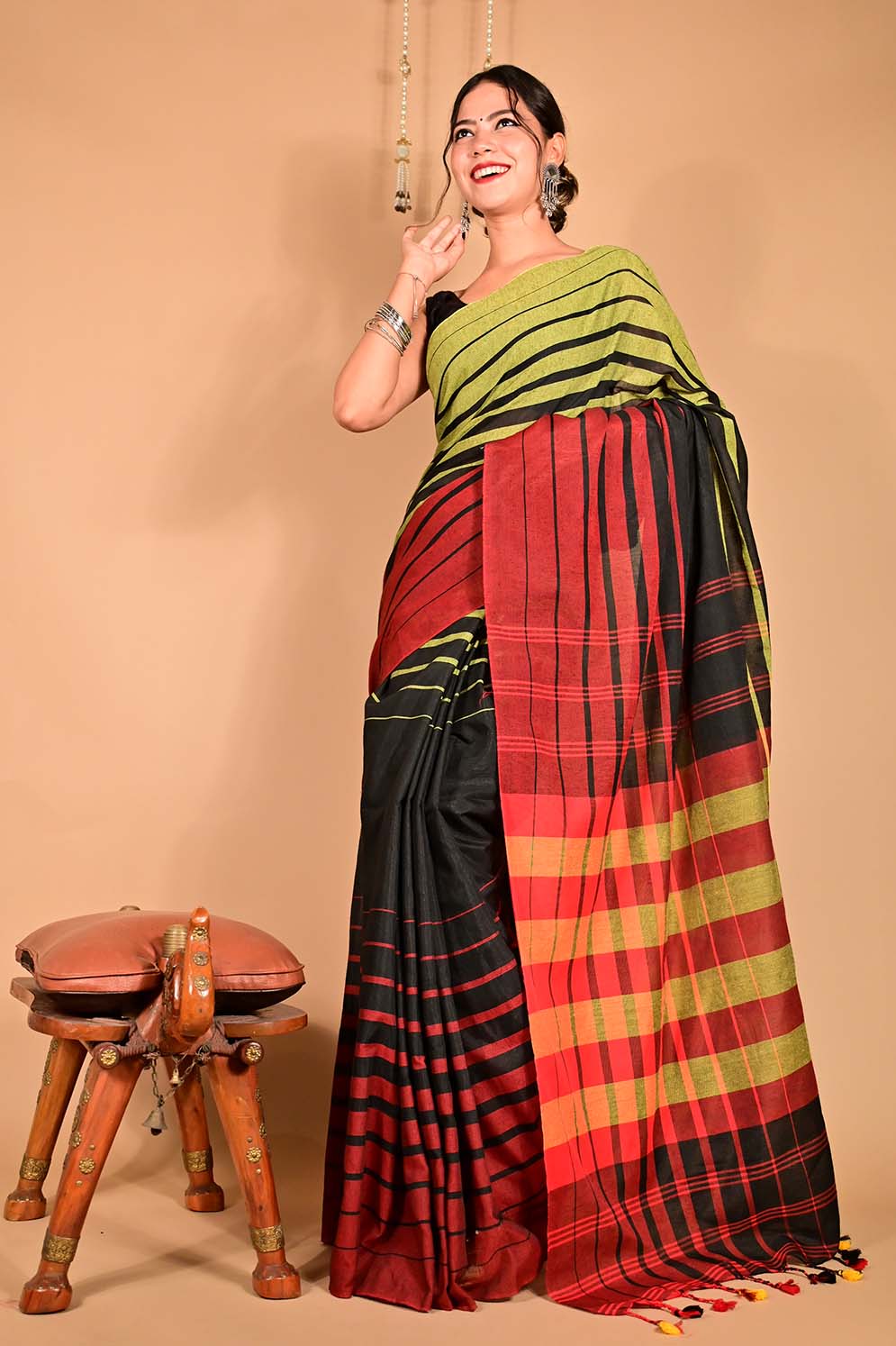 Ready to wear Khadi Cotton chettinad Salem pattern With Tassel Pallu  Wrap in 1 minute Saree - Isadora Life