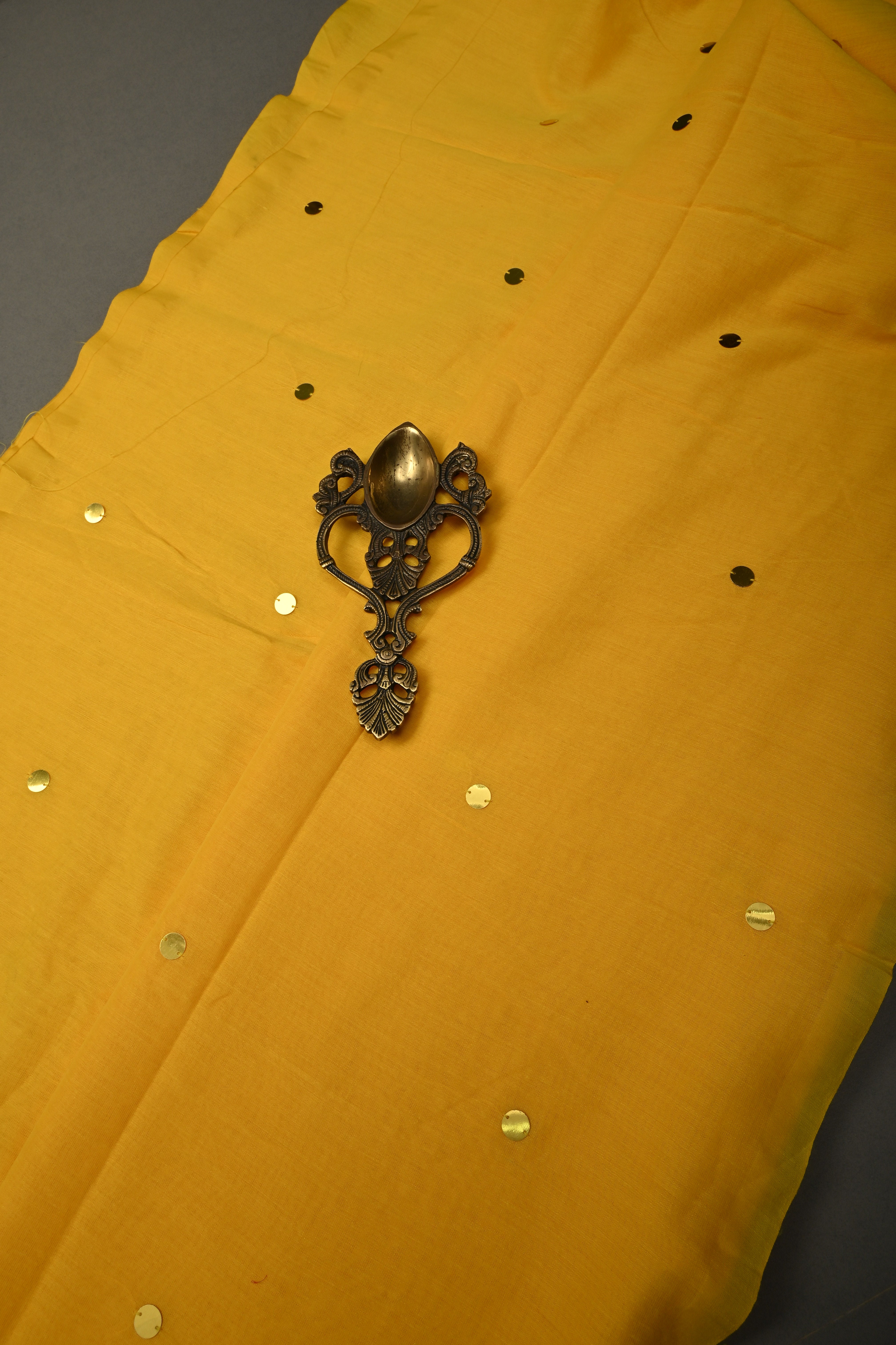 Haldi Yellow Mercerized Mul Cotton Saree with Tikki Work and Long Tassels, No Blouse Piece | Shobitam