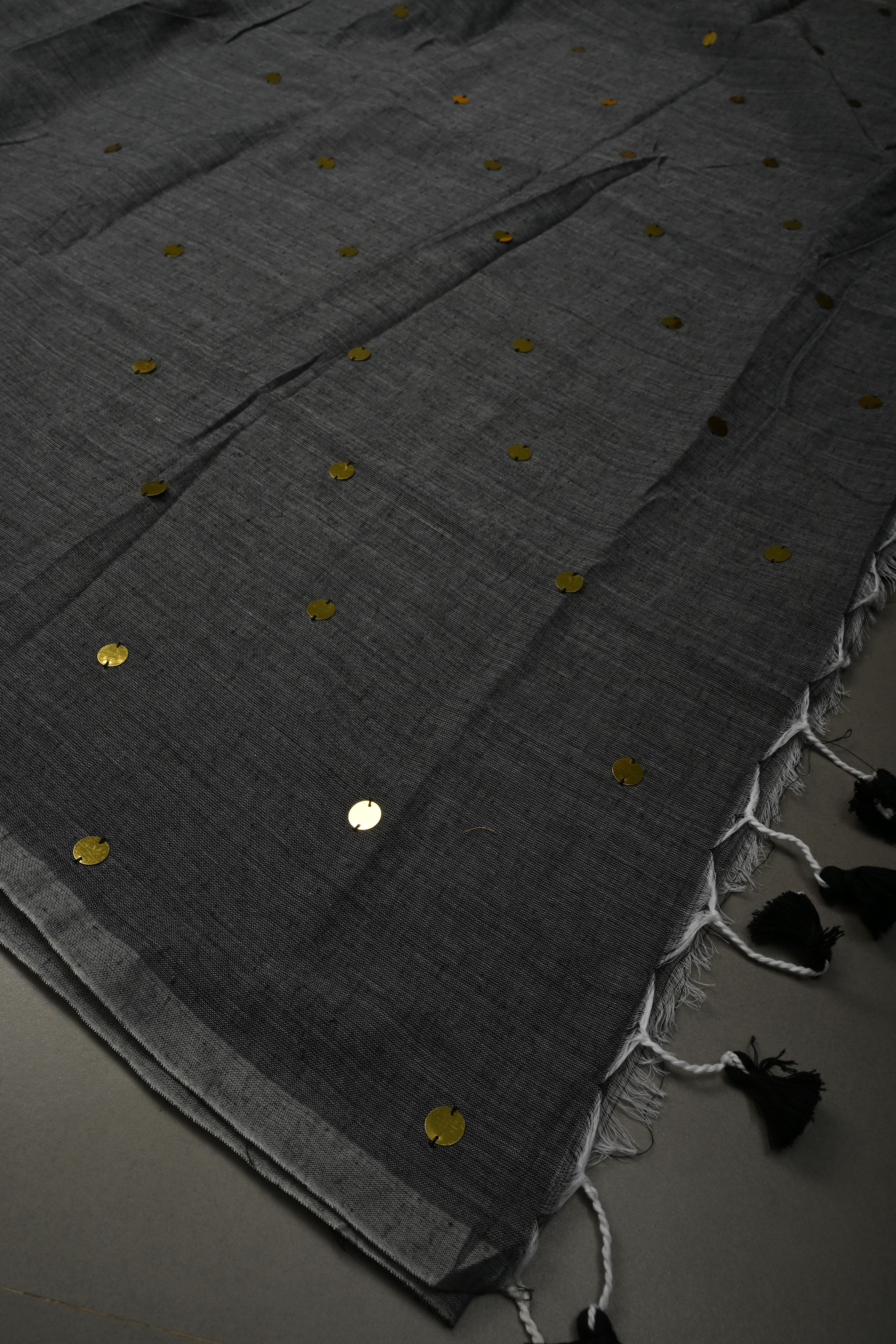 Gray Mercerized Mul Cotton saree in With Tikki work and Long Tassels, No Blouse Piece