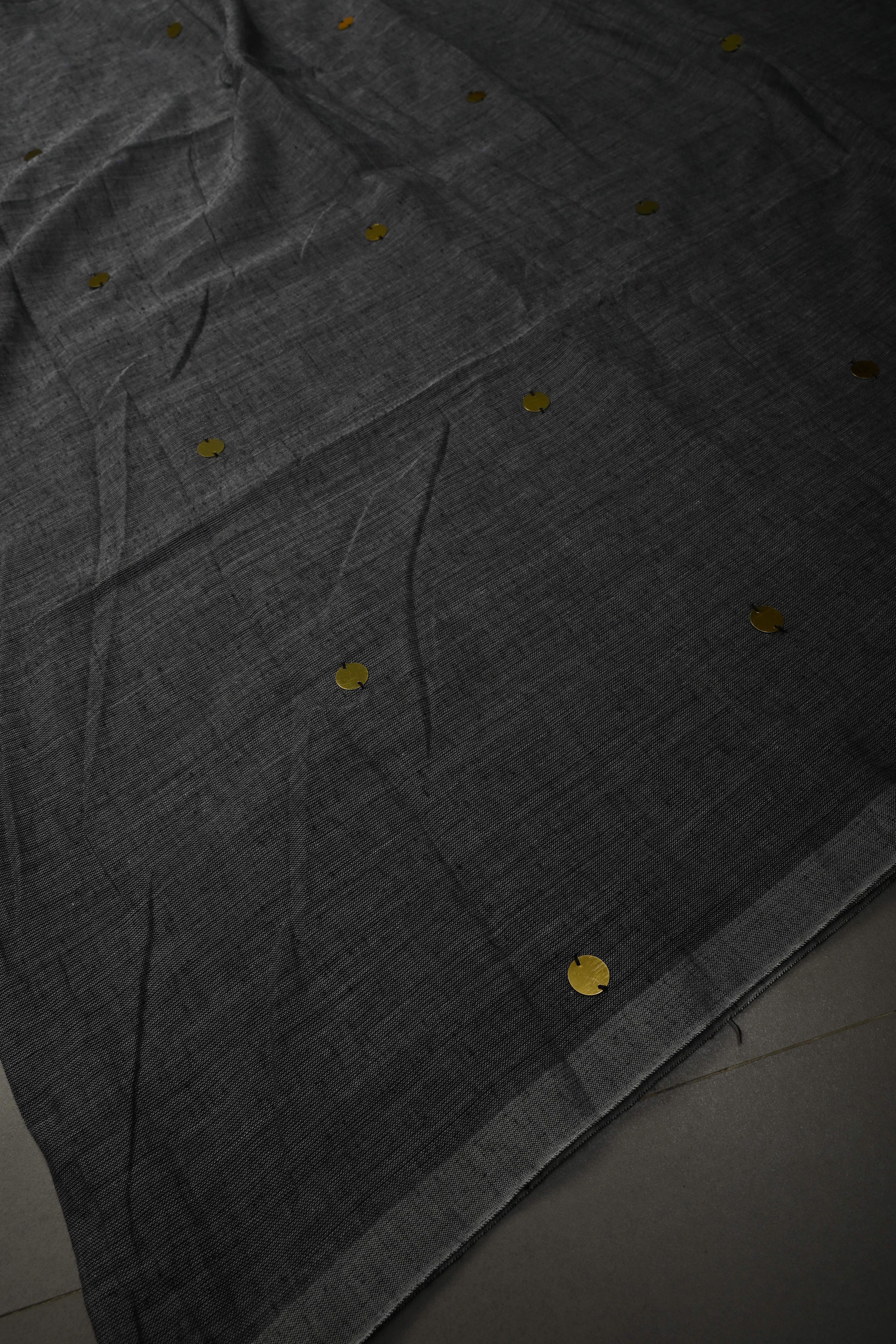 Gray Mercerized Mul Cotton saree in With Tikki work and Long Tassels, No Blouse Piece
