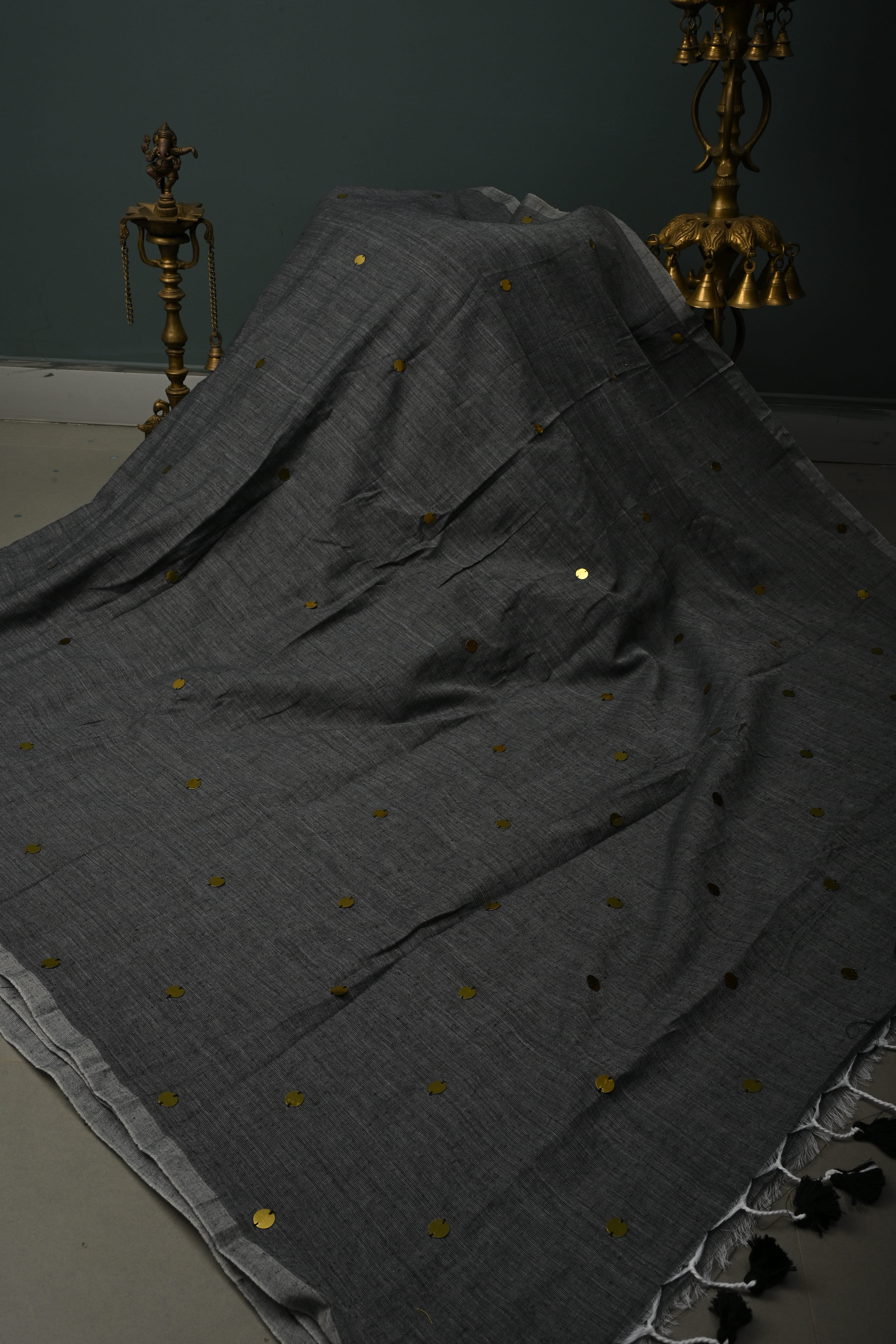 Gray Mercerized Mul Cotton saree in With Tikki work and Long Tassels, No Blouse Piece