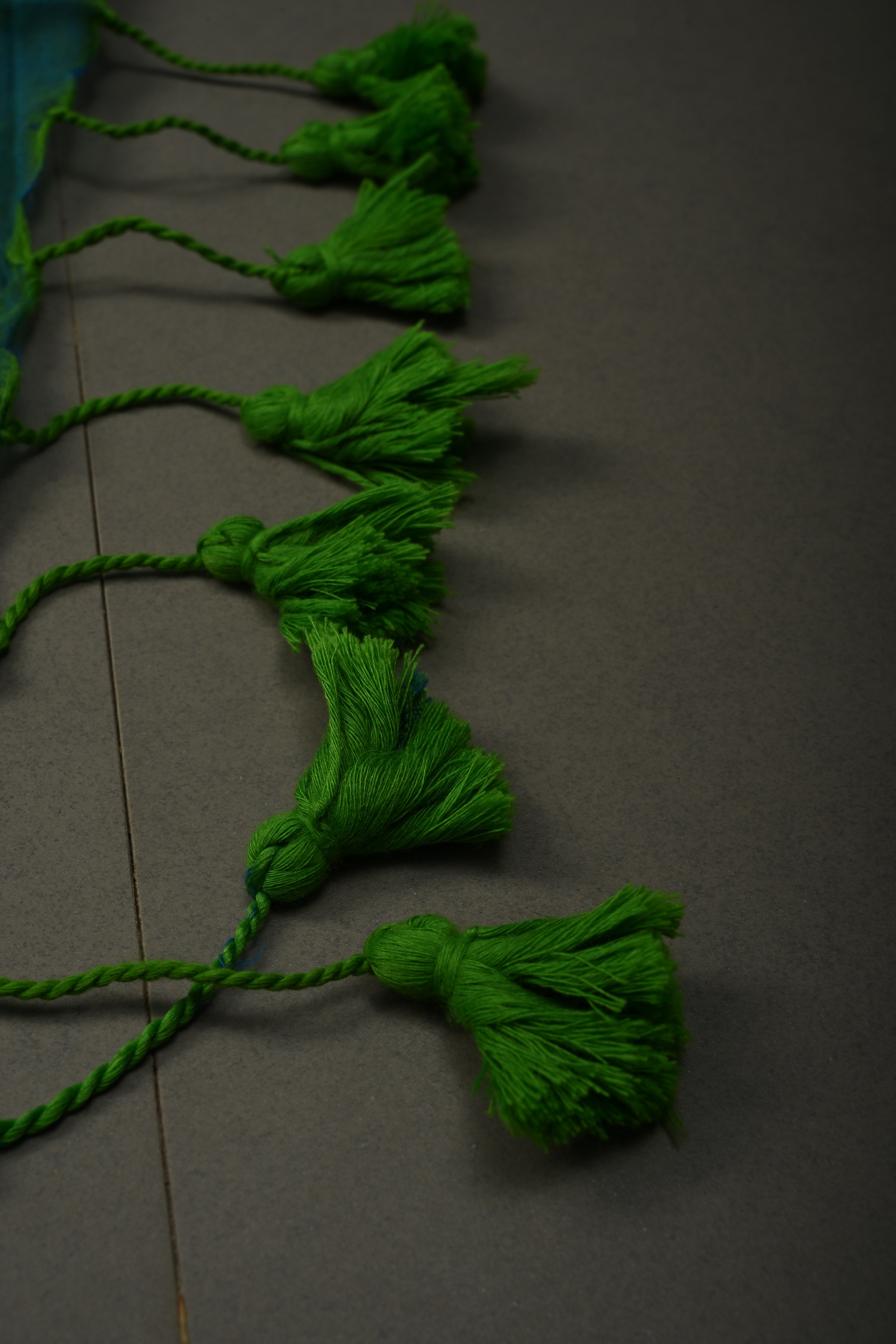 Peacock Blue-Green Mercerized Mul Cotton Saree with Tikki Work and Long Tassels, No Blouse Piece | Shobitam