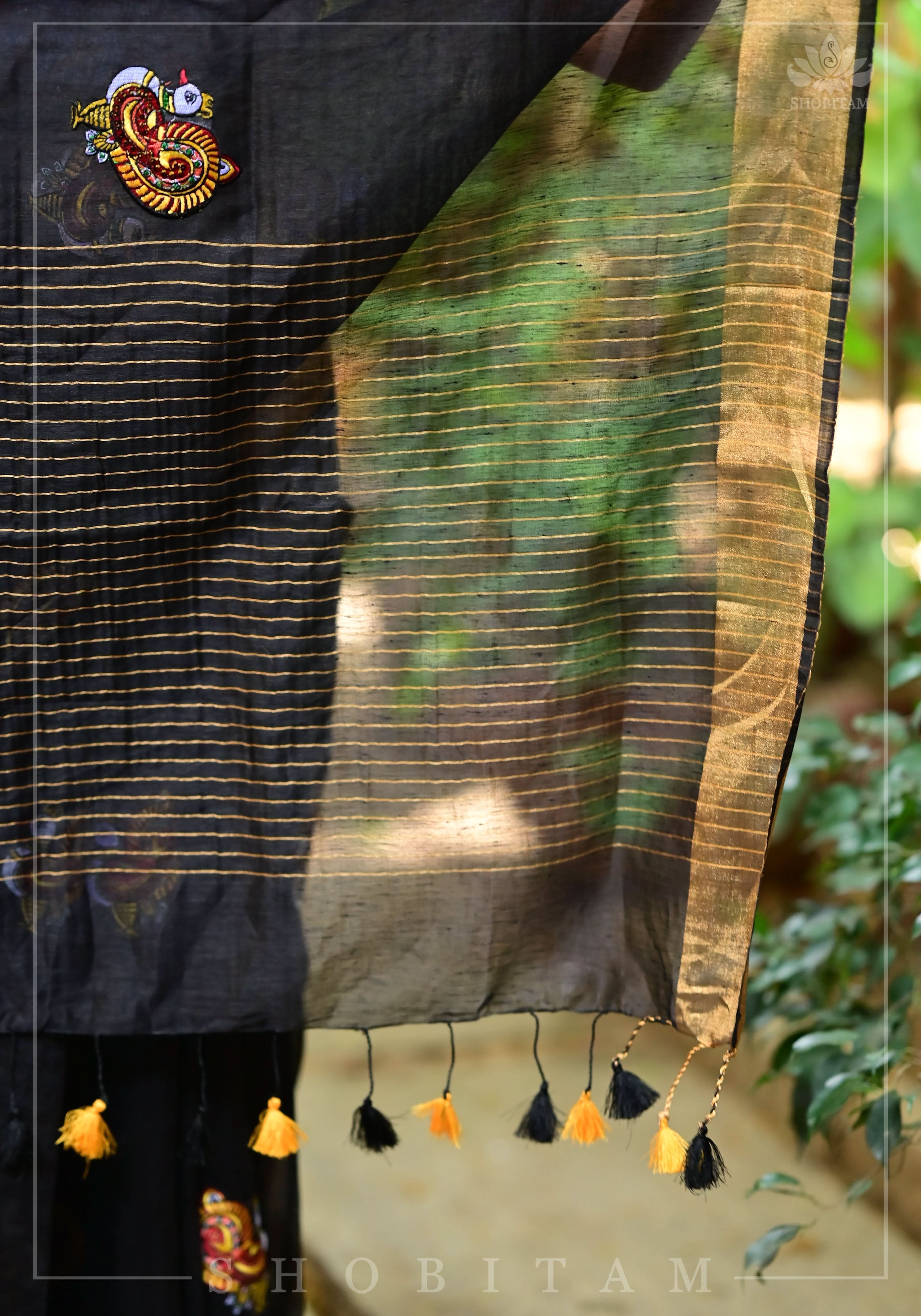Annapakshi -the divine Swan embroidered motifs on Black Silk Linen Saree | Shobitam
