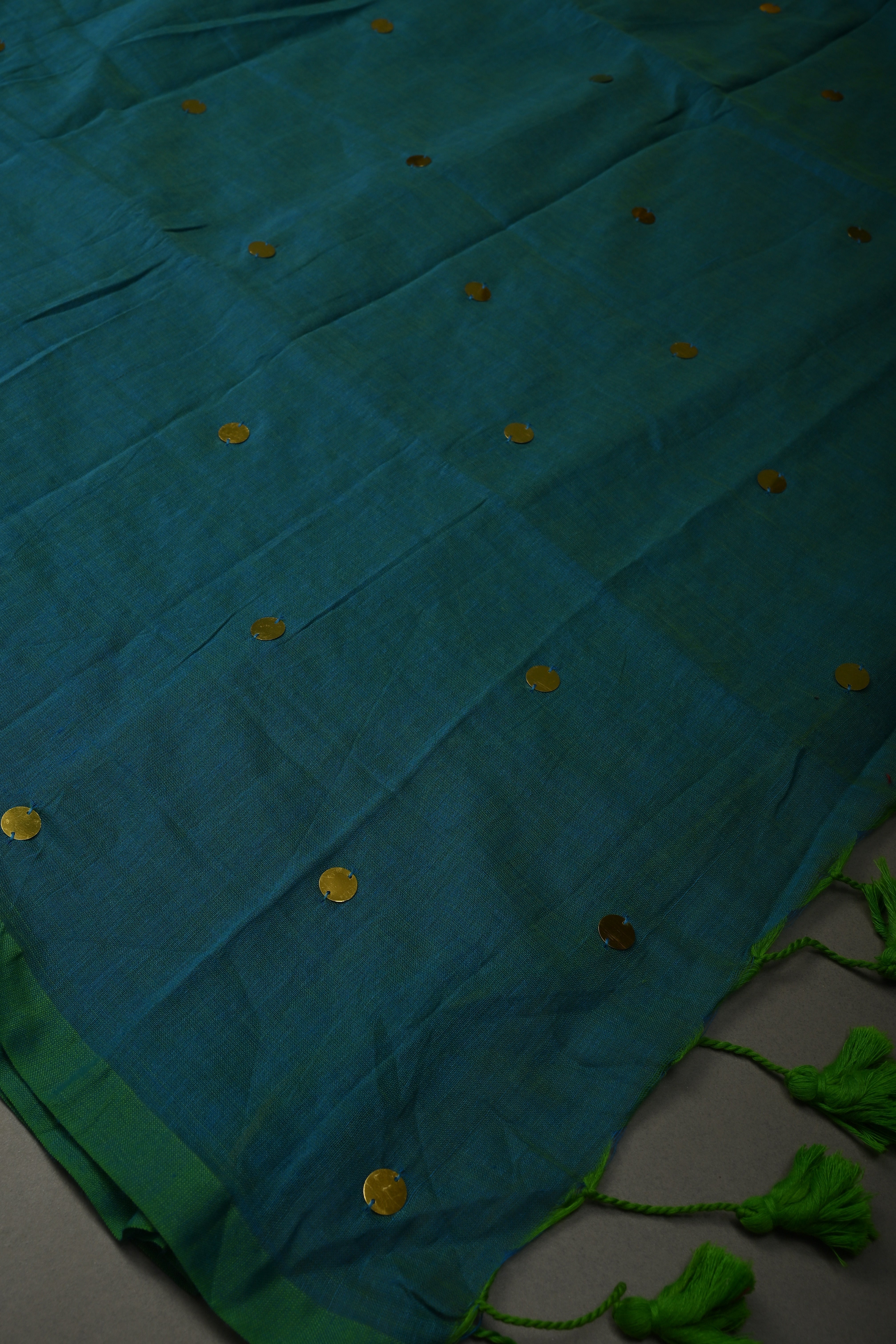 Peacock Blue-Green Mercerized Mul Cotton Saree with Tikki Work and Long Tassels, No Blouse Piece | Shobitam