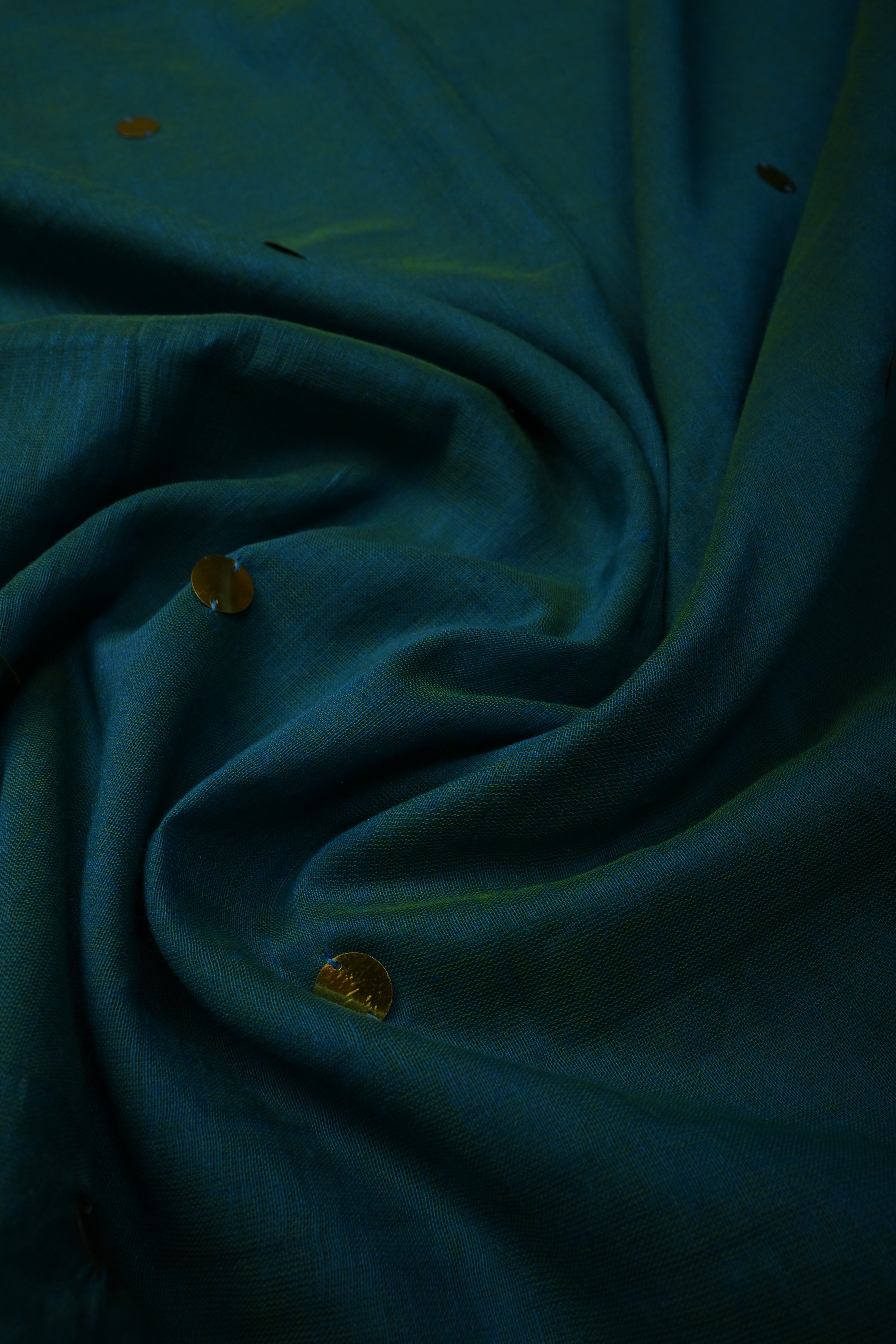 Peacock Blue-Green Mercerized Mul Cotton Saree with Tikki Work and Long Tassels, No Blouse Piece | Shobitam