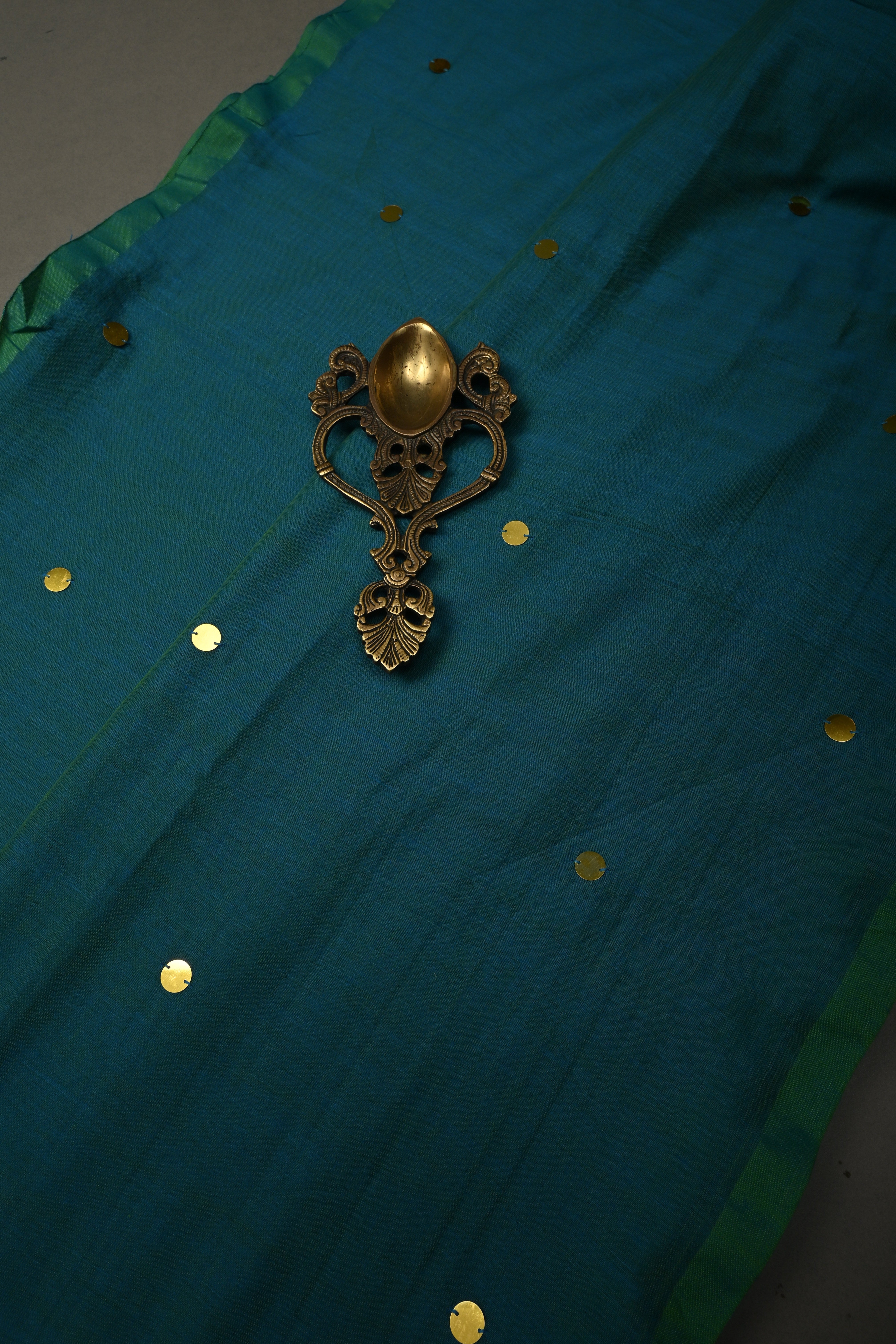 Peacock Blue-Green Mercerized Mul Cotton Saree with Tikki Work and Long Tassels, No Blouse Piece | Shobitam