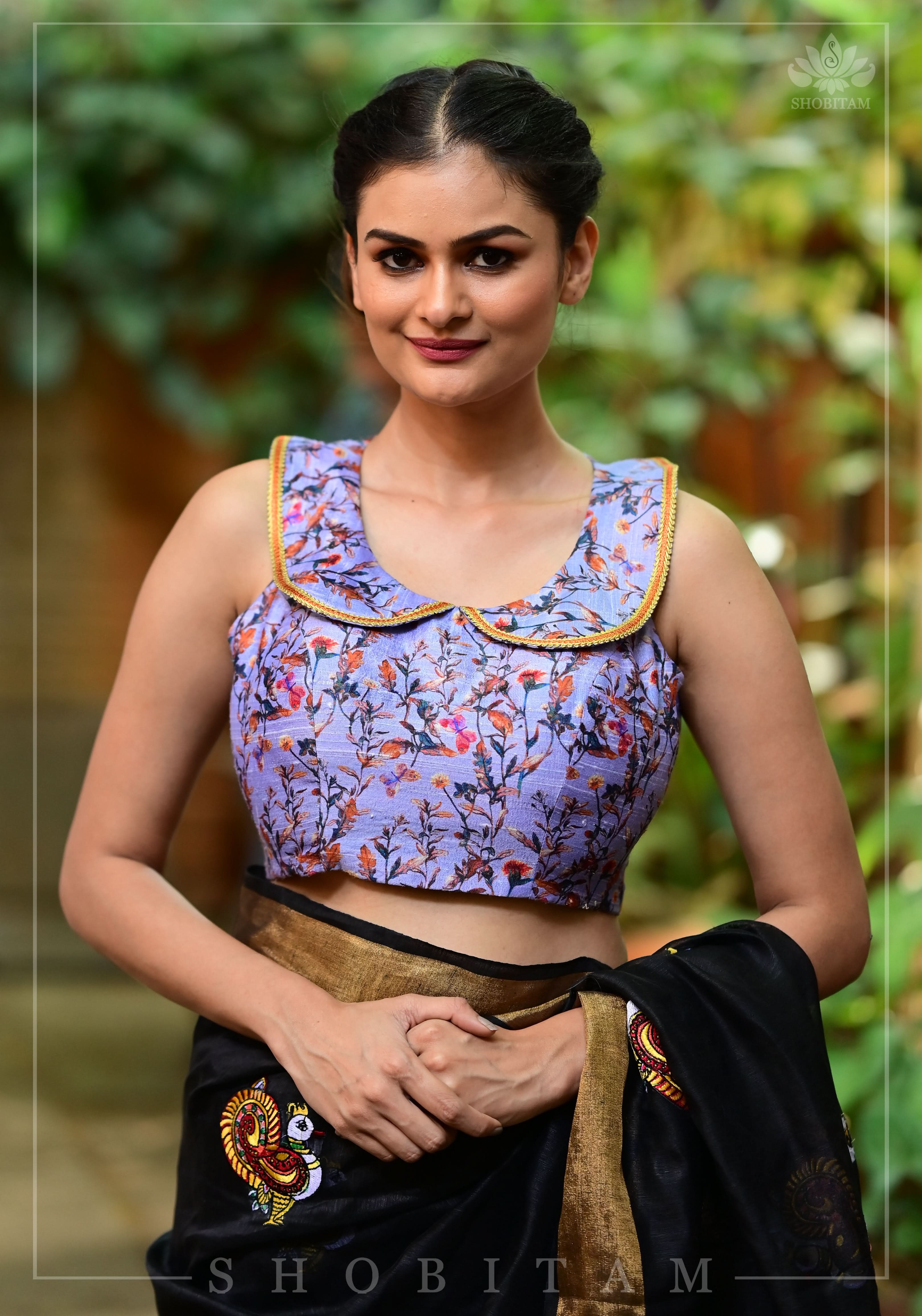 Lavender floral pure rawsilk collared blouse | Shobitam