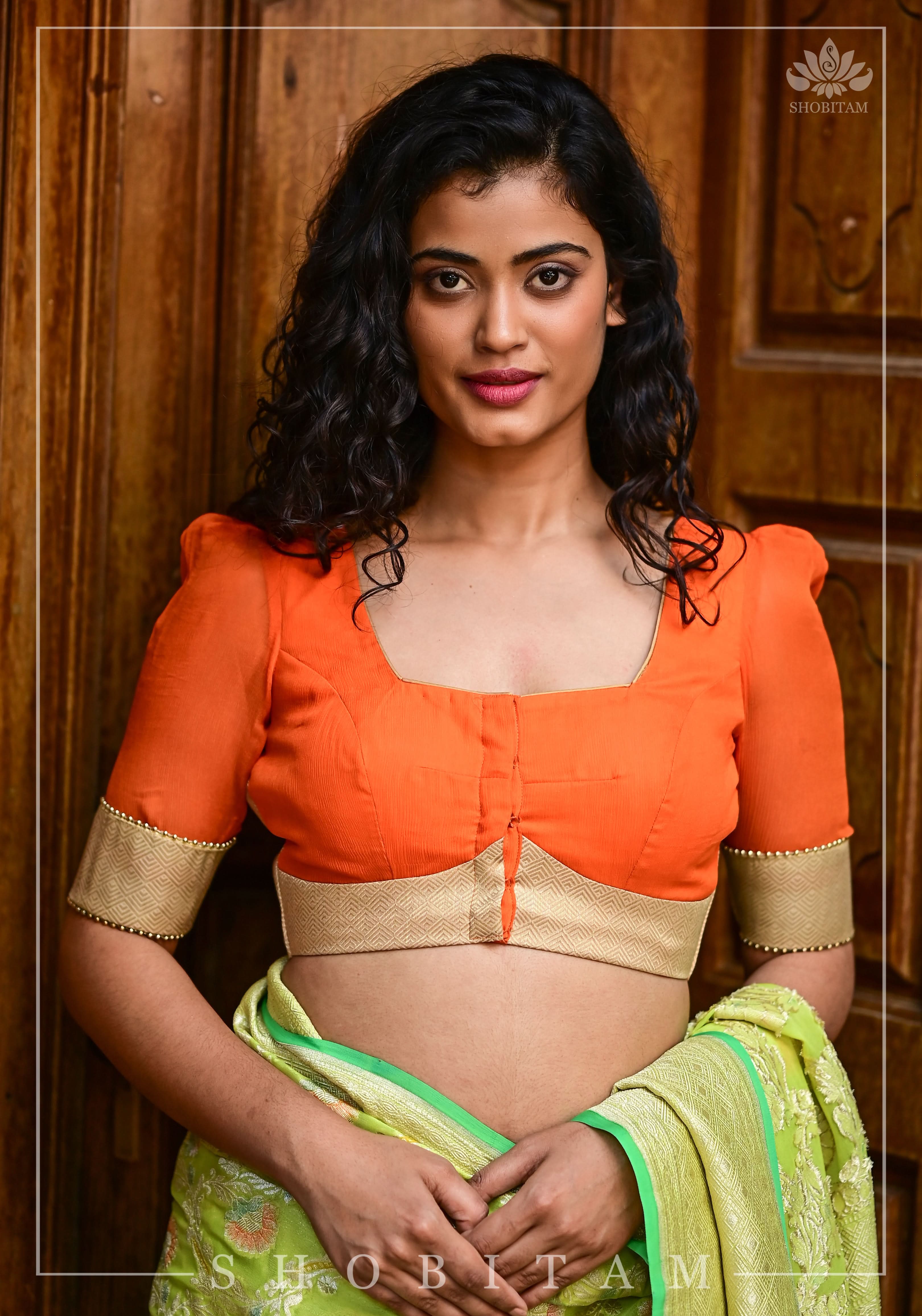 Orange chiffon & Gold brocade Square neck blouse with back detailing | Shobitam