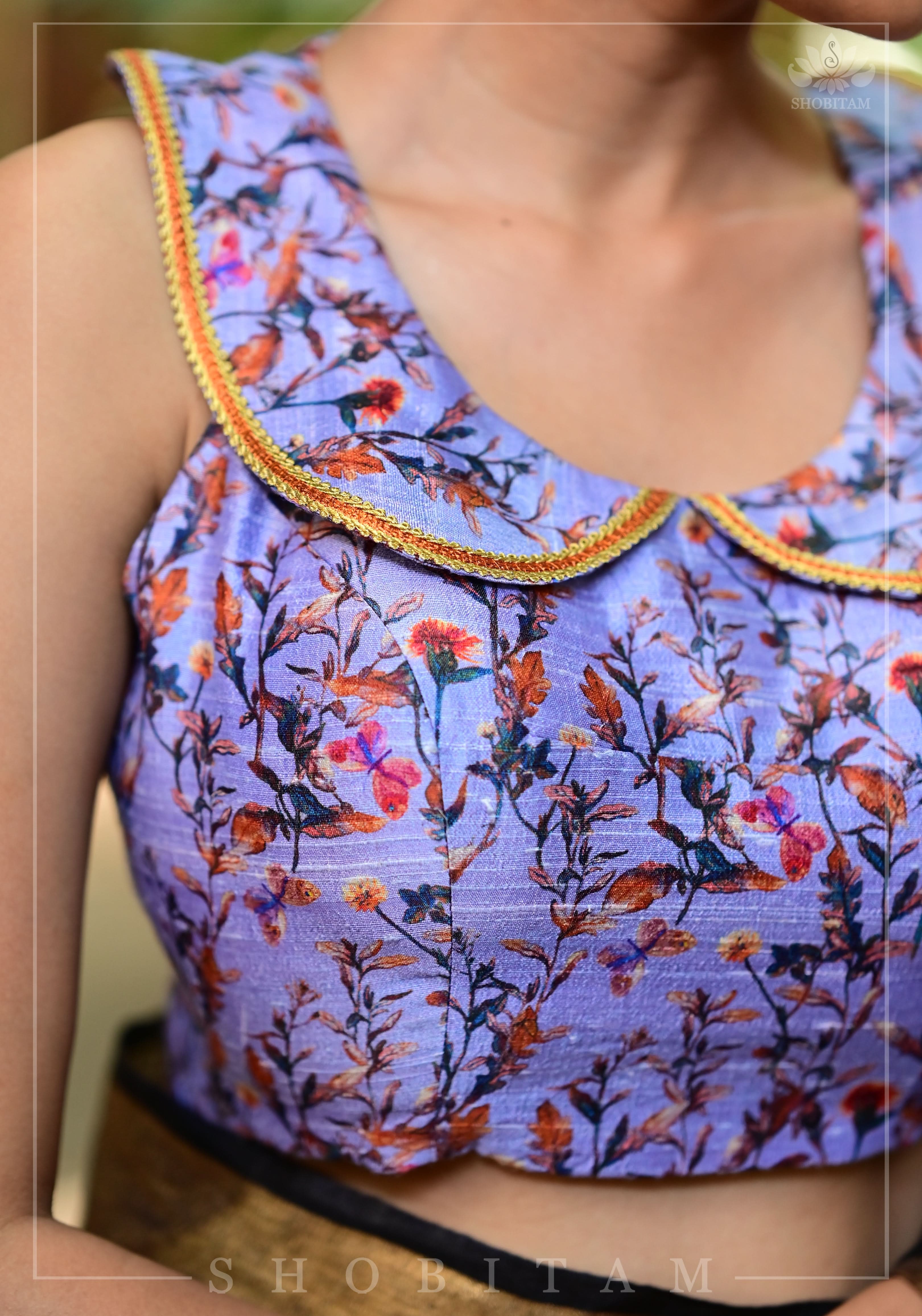 Lavender floral pure rawsilk collared blouse | Shobitam