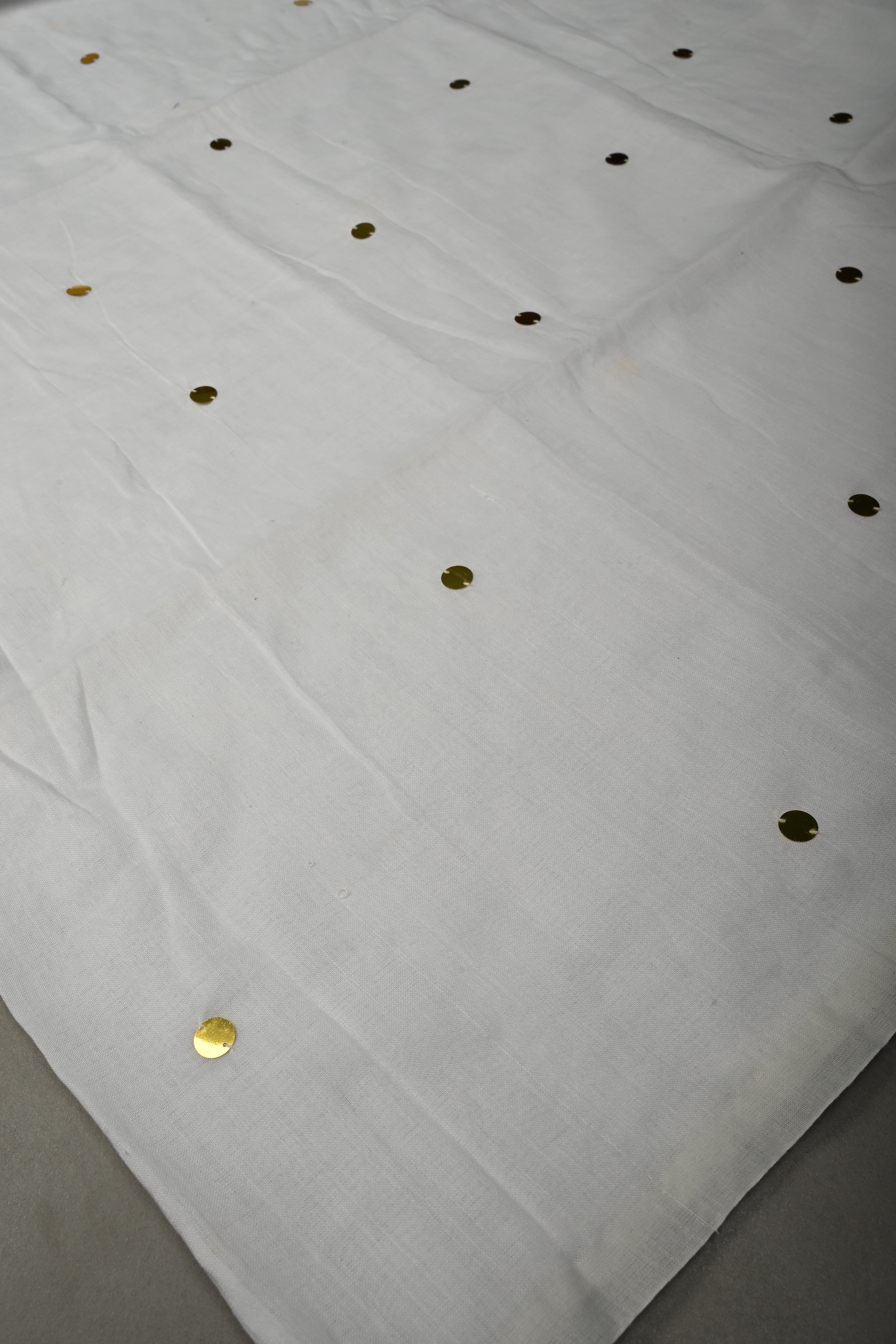 White Mercerized Mul Cotton Saree with Tikki Work and Long Tassels, No Blouse Piece | Shobitam