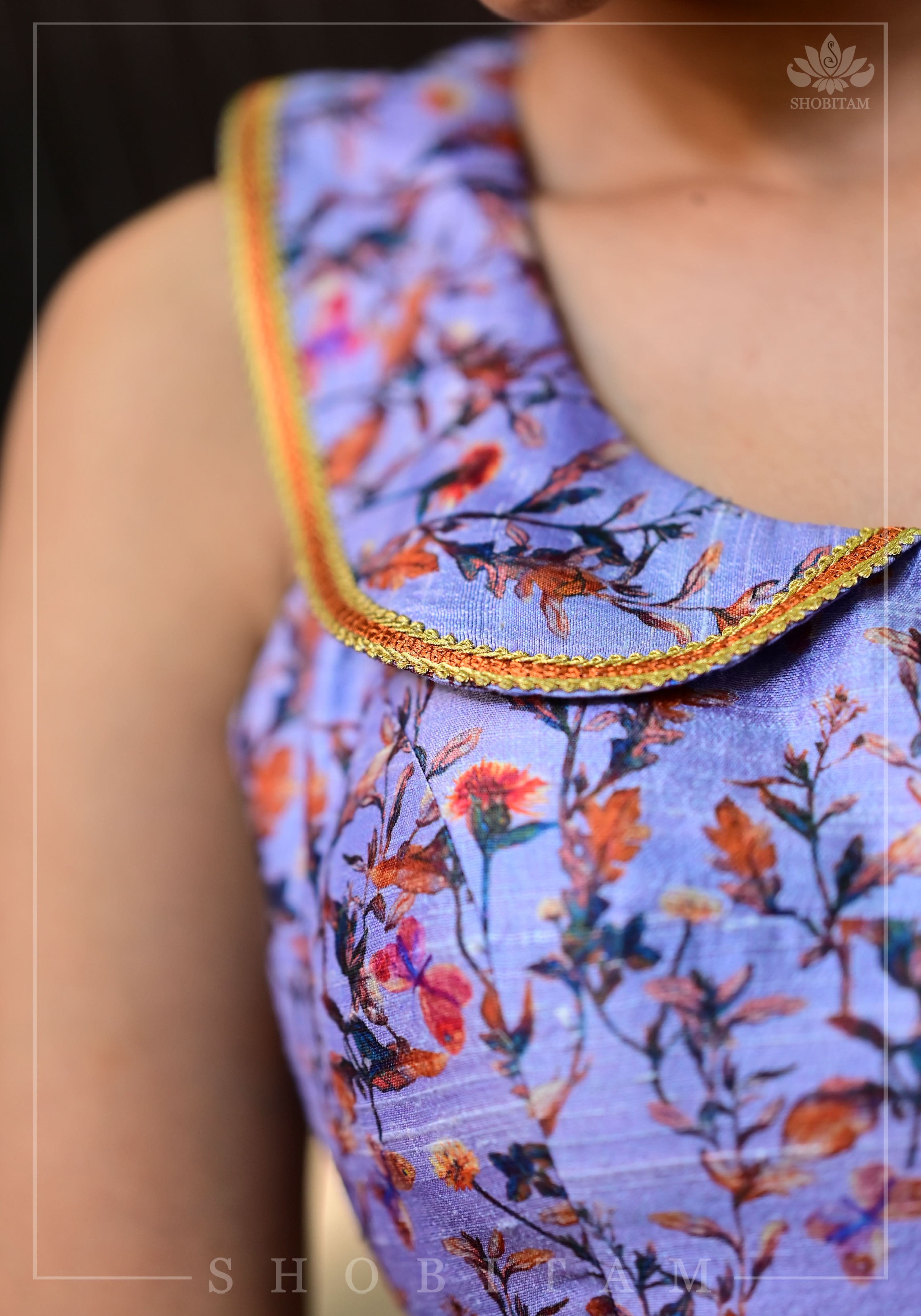 Lavender floral pure rawsilk collared blouse | Shobitam