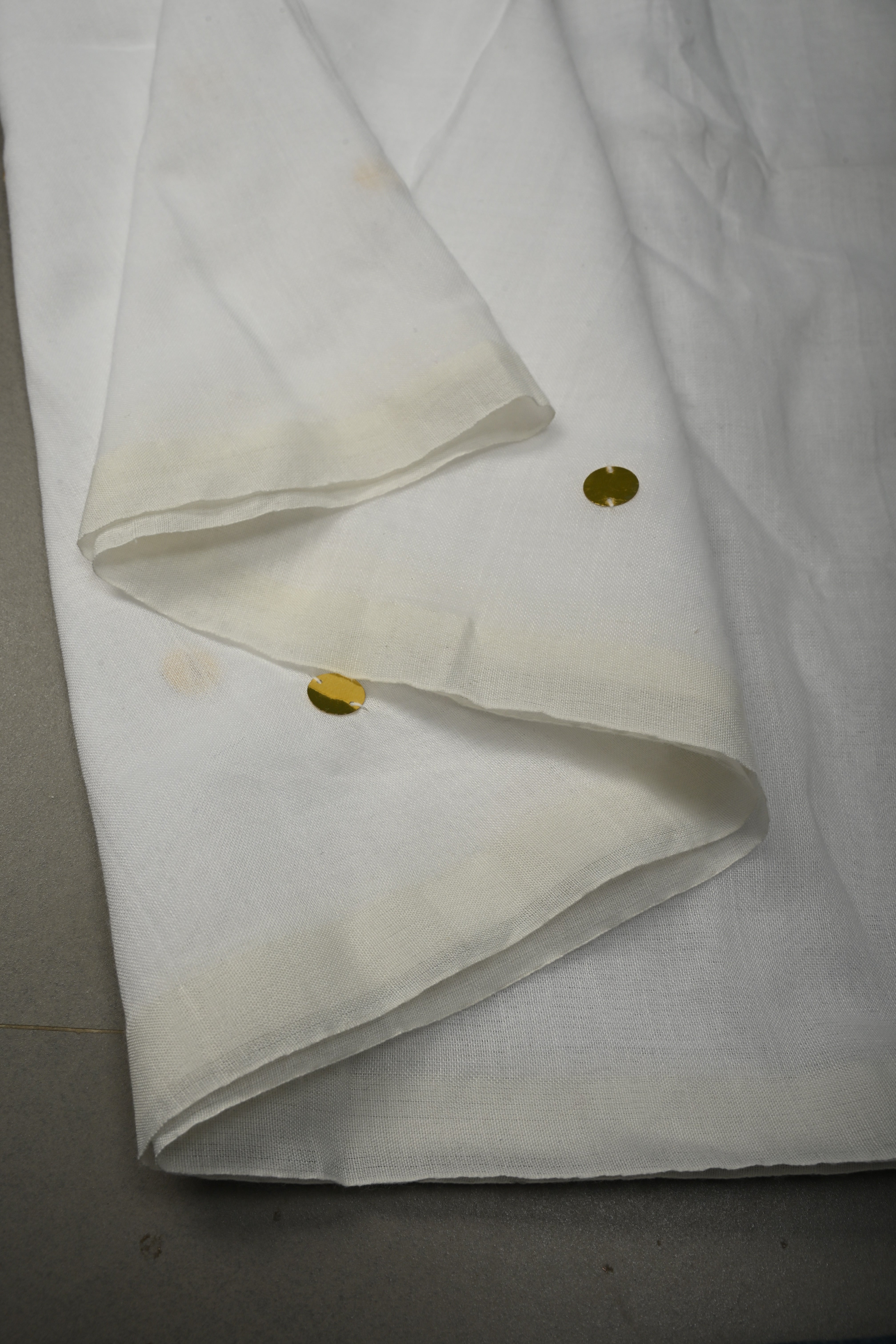 White Mercerized Mul Cotton Saree with Tikki Work and Long Tassels, No Blouse Piece | Shobitam