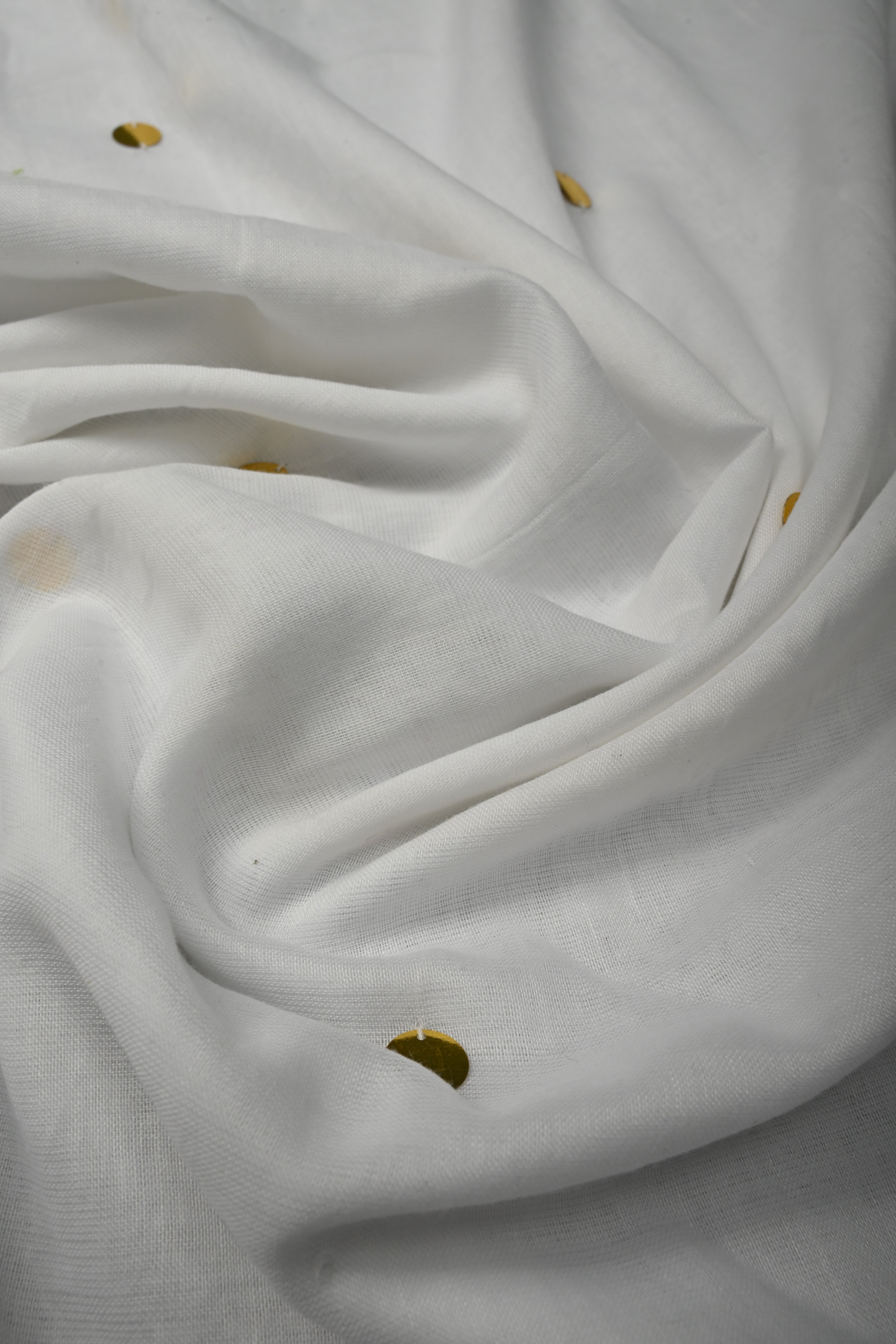 White Mercerized Mul Cotton Saree with Tikki Work and Long Tassels, No Blouse Piece | Shobitam