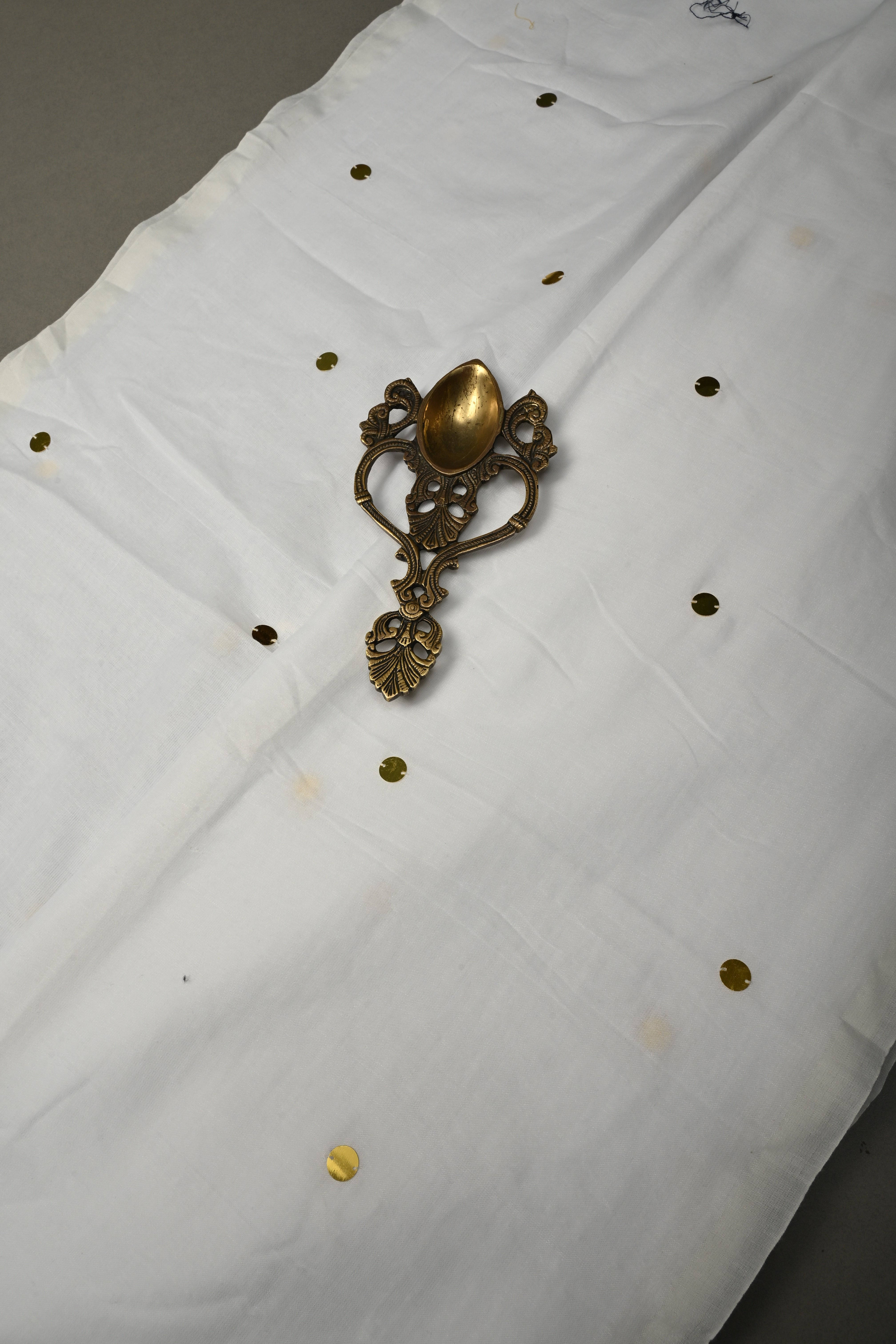 White Mercerized Mul Cotton Saree with Tikki Work and Long Tassels, No Blouse Piece | Shobitam