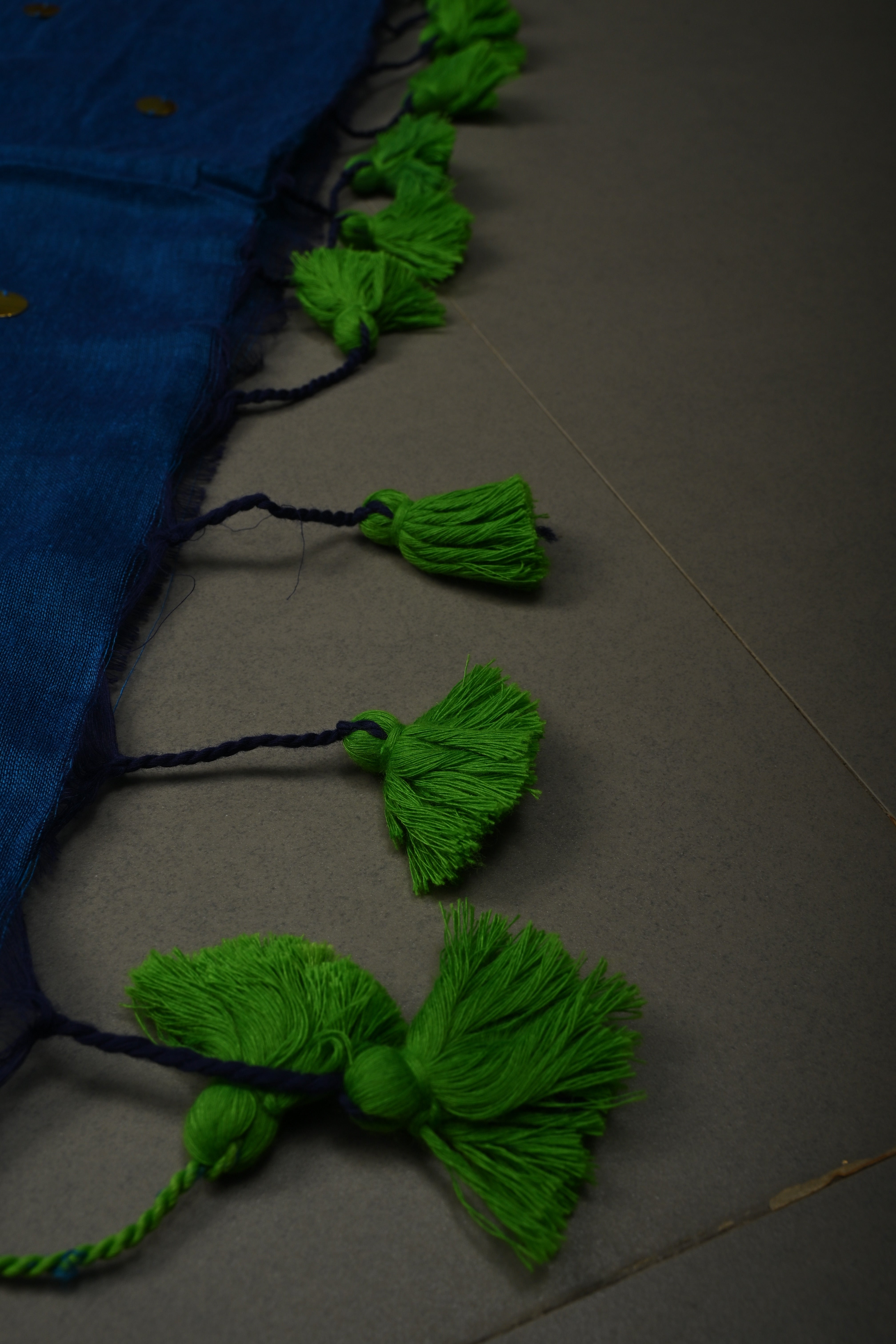 Royal Blue Mercerized Mul Cotton saree in With Tikki work and Long Tassels, No Blouse Piece | Shobitam