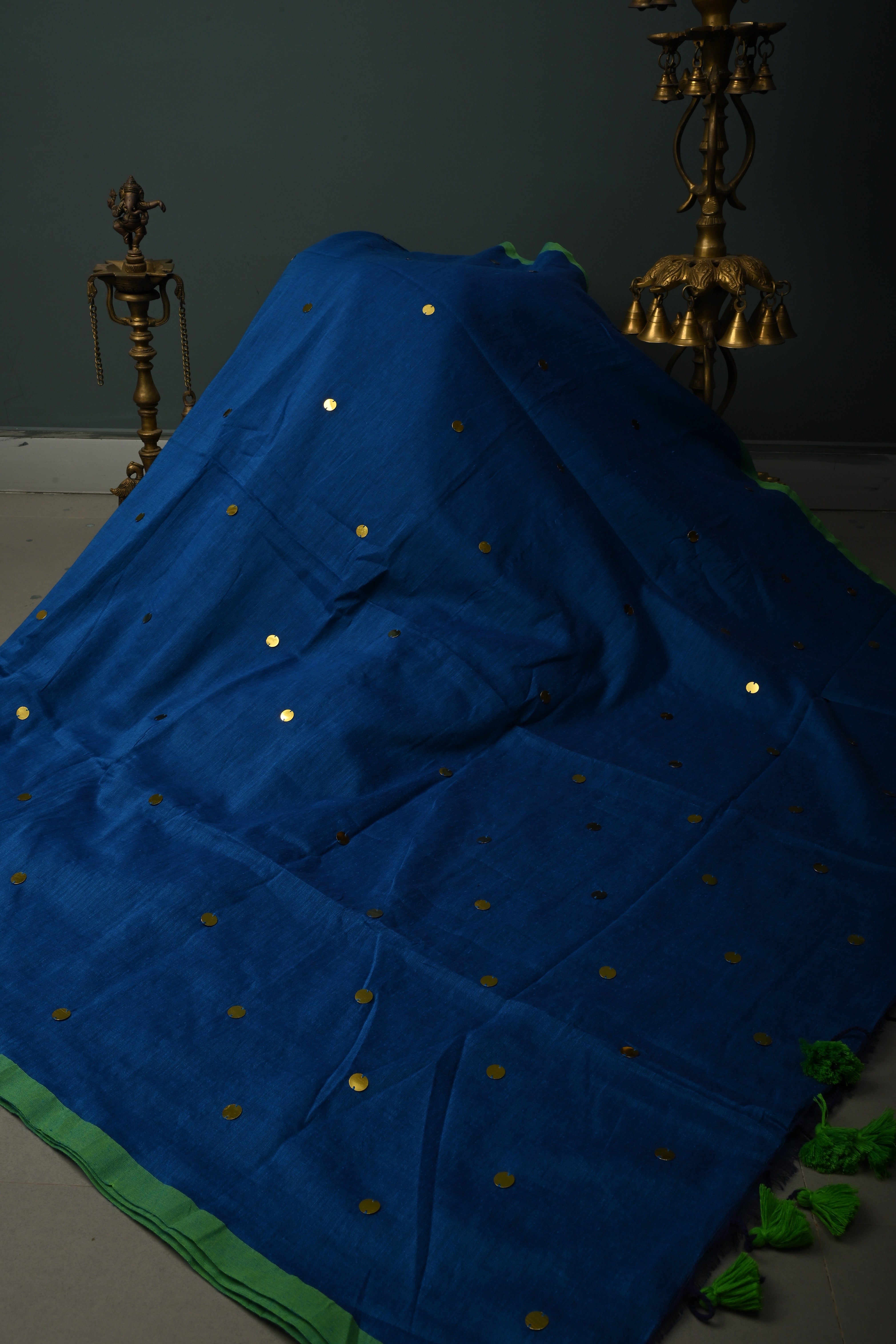 Royal Blue Mercerized Mul Cotton saree in With Tikki work and Long Tassels, No Blouse Piece | Shobitam