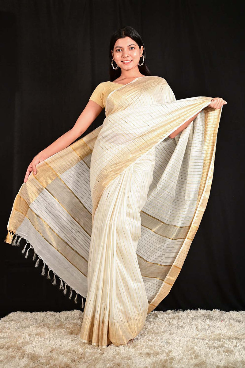Ready To Wear Kasavu Cotton Silk with Zari work All Over  Interwoven Ornate Pallu Wrap in 1 minute saree