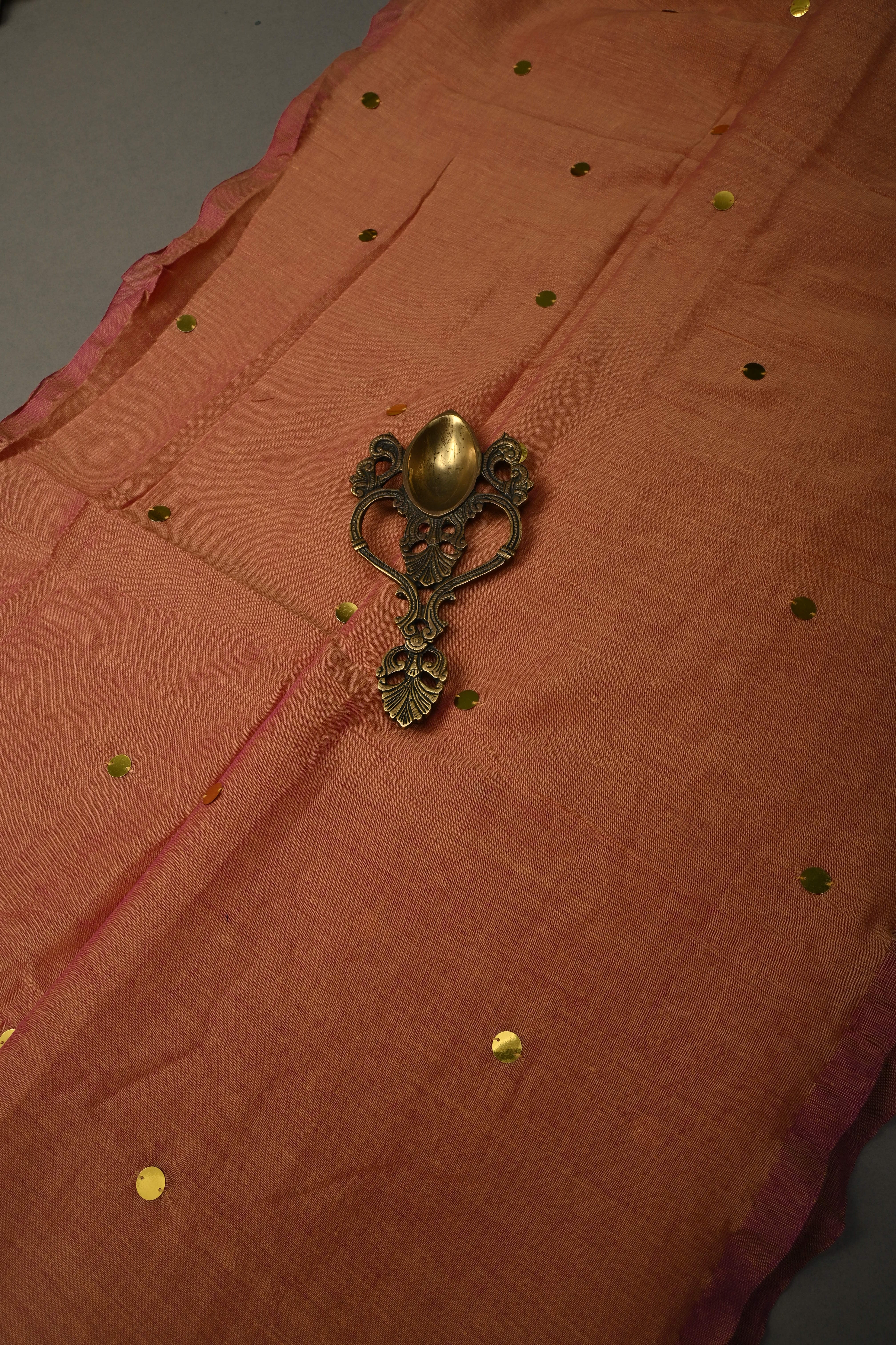 Sandstone -Pink Dual Tone Mercerized Mul Cotton saree in With Tikki work and Long Tassels, No Blouse Piece