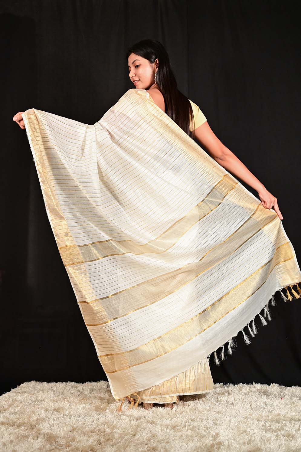 Ready To Wear Kasavu Cotton Silk with Zari work All Over  Interwoven Ornate Pallu Wrap in 1 minute saree - Isadora Life