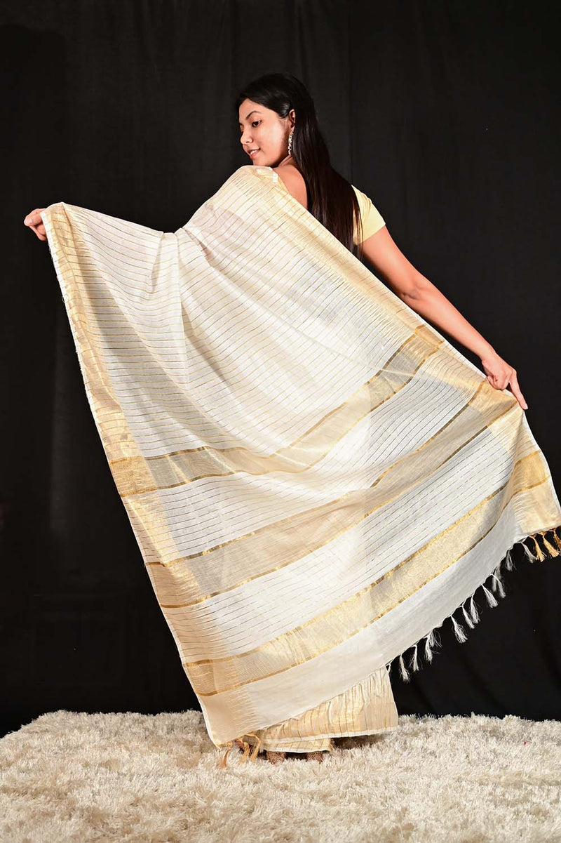 Ready To Wear Kasavu Cotton Silk with Zari work All Over  Interwoven Ornate Pallu Wrap in 1 minute saree