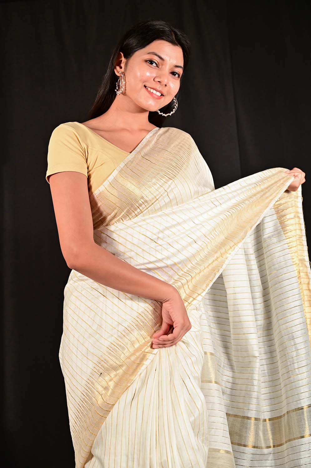 Ready To Wear Kasavu Cotton Silk with Zari work All Over  Interwoven Ornate Pallu Wrap in 1 minute saree - Isadora Life