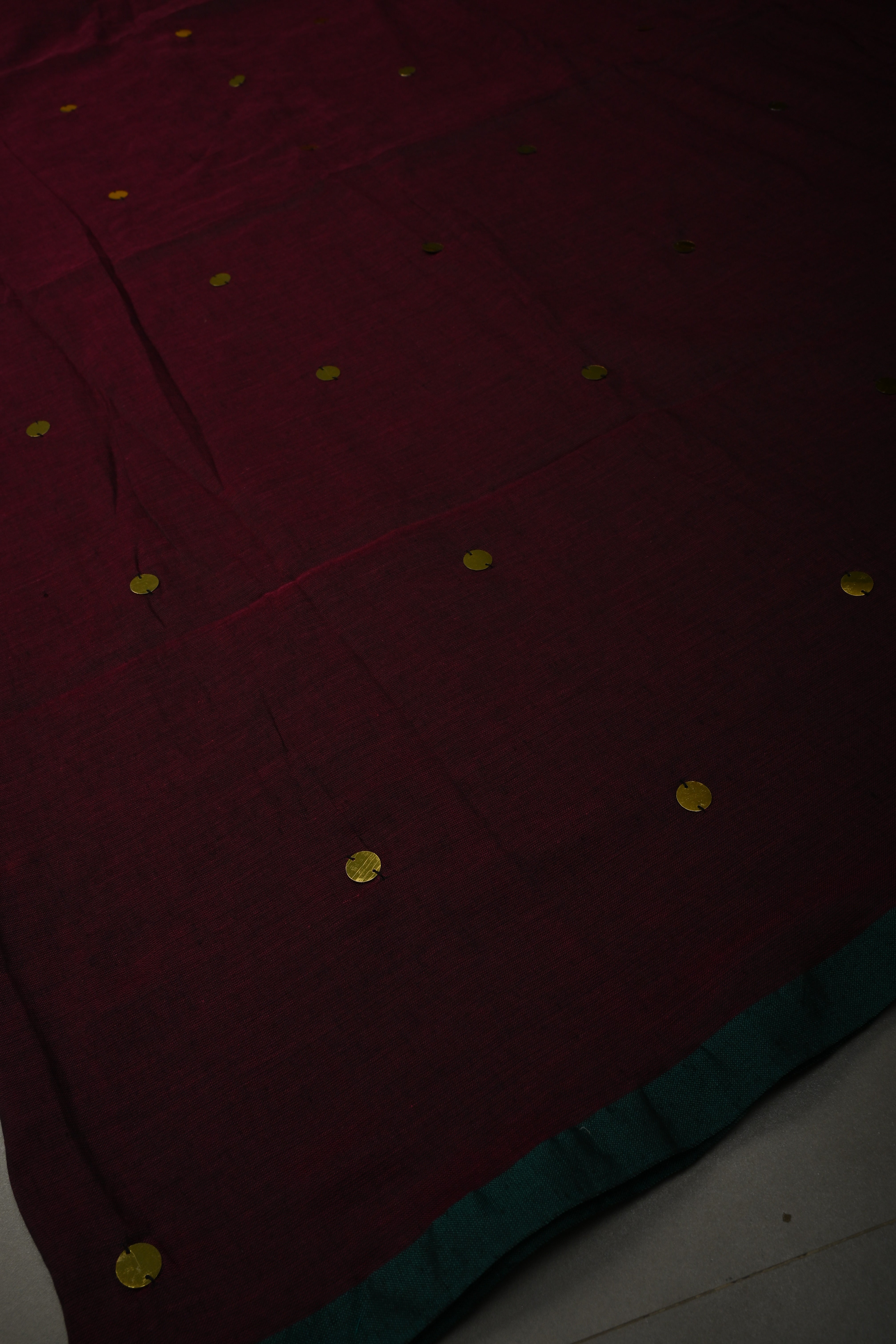 Tyrian Purple Mercerized Mul Cotton Saree with Tikki Work and Long Tassels, No Blouse Piece | Shobitam