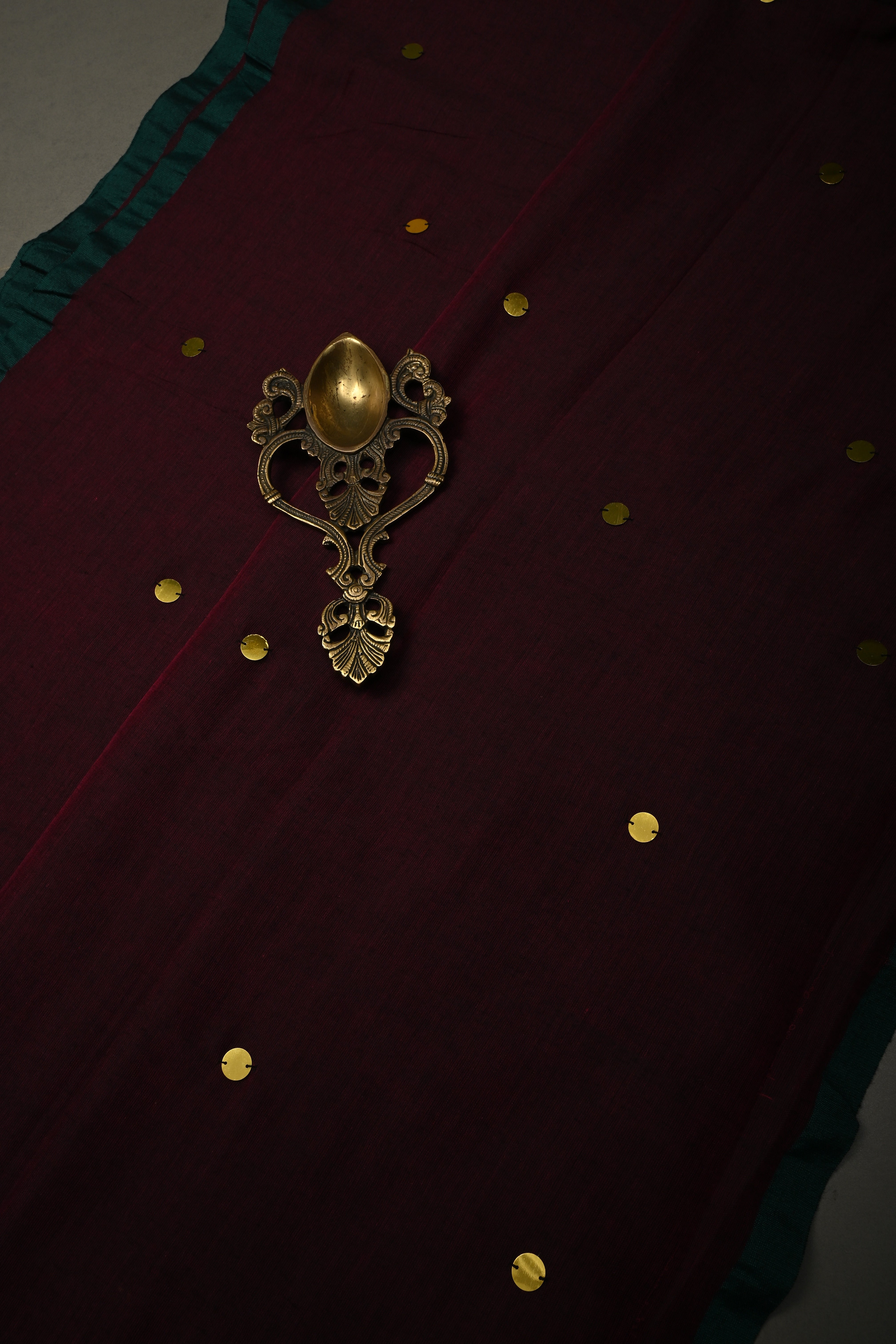 Tyrian Purple Mercerized Mul Cotton Saree with Tikki Work and Long Tassels, No Blouse Piece | Shobitam