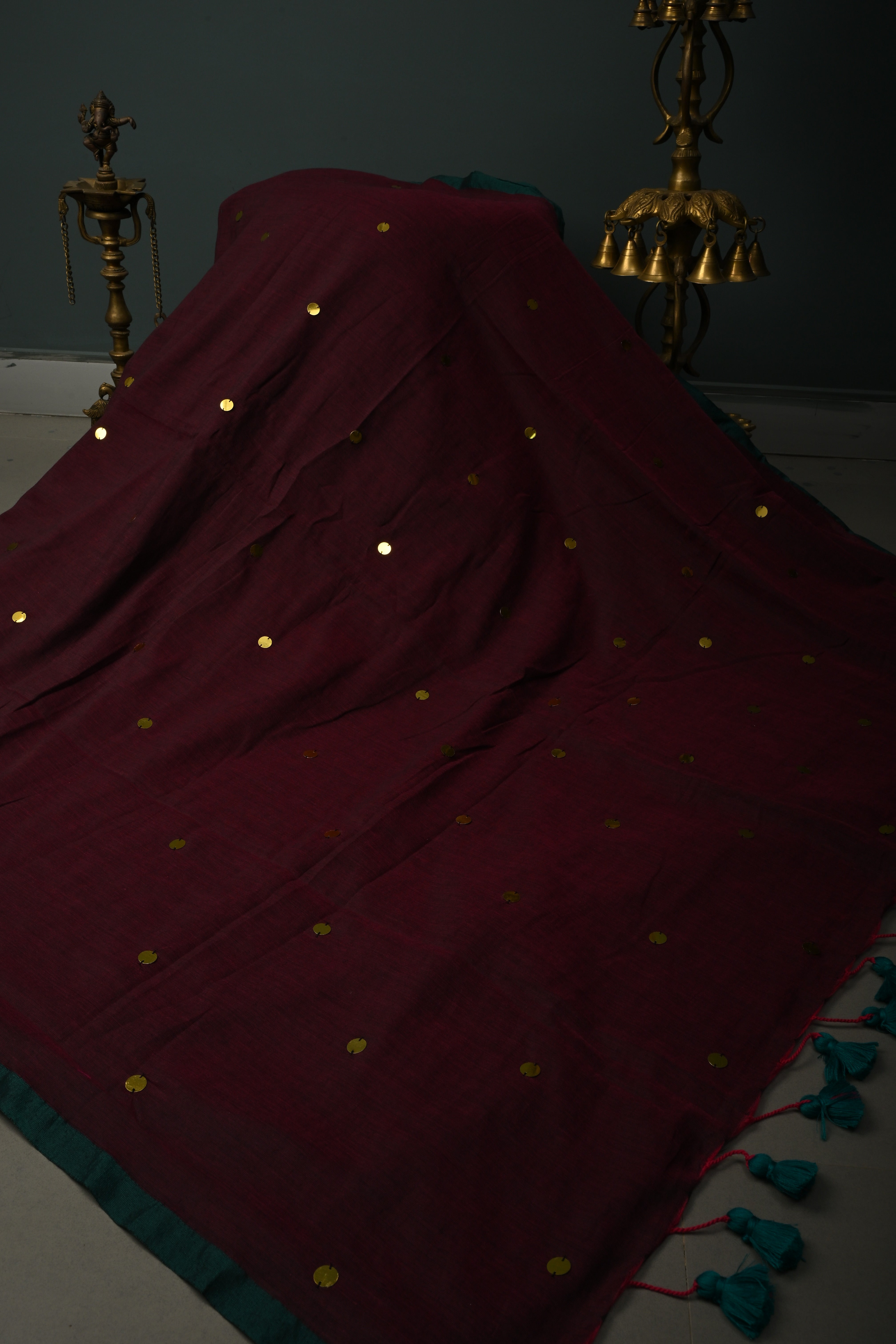 Tyrian Purple Mercerized Mul Cotton Saree with Tikki Work and Long Tassels, No Blouse Piece | Shobitam