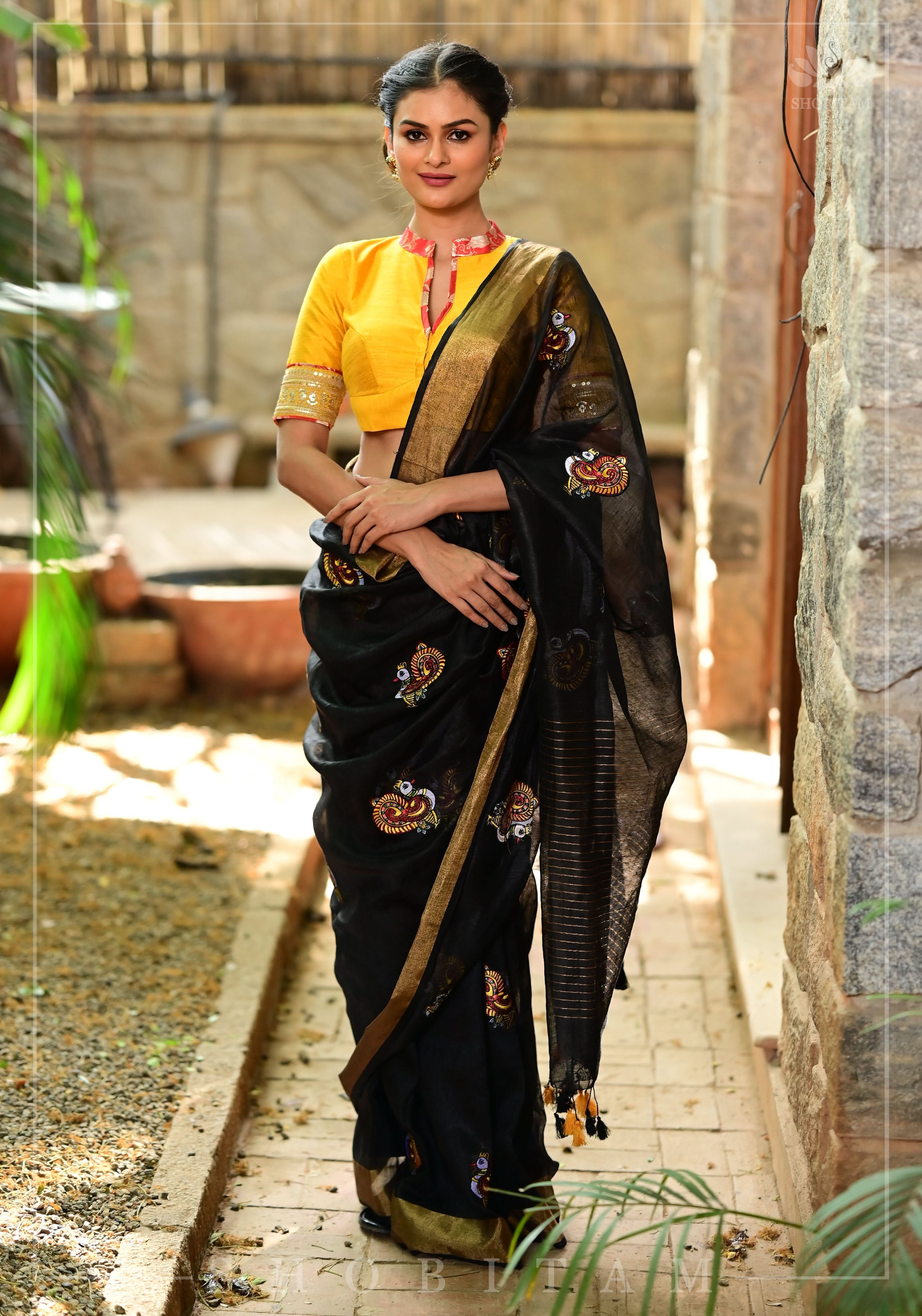 Annapakshi -the divine Swan embroidered motifs on Black Silk Linen Saree | Shobitam