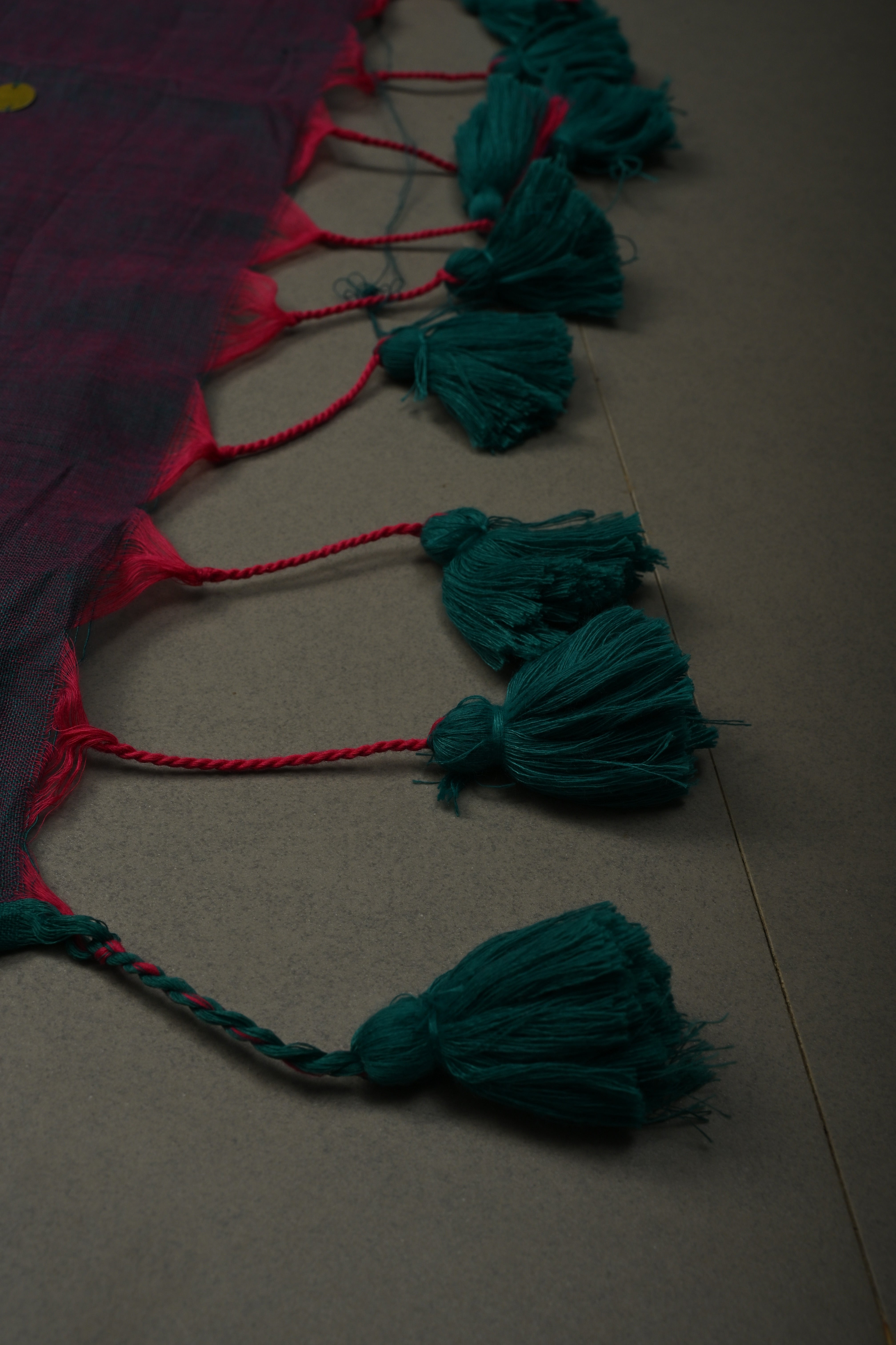 Peacock Green-Pink Dual Tone Mercerized Mul Cotton saree in With Tikki work and Long Tassels, No Blouse Piece | Shobitam