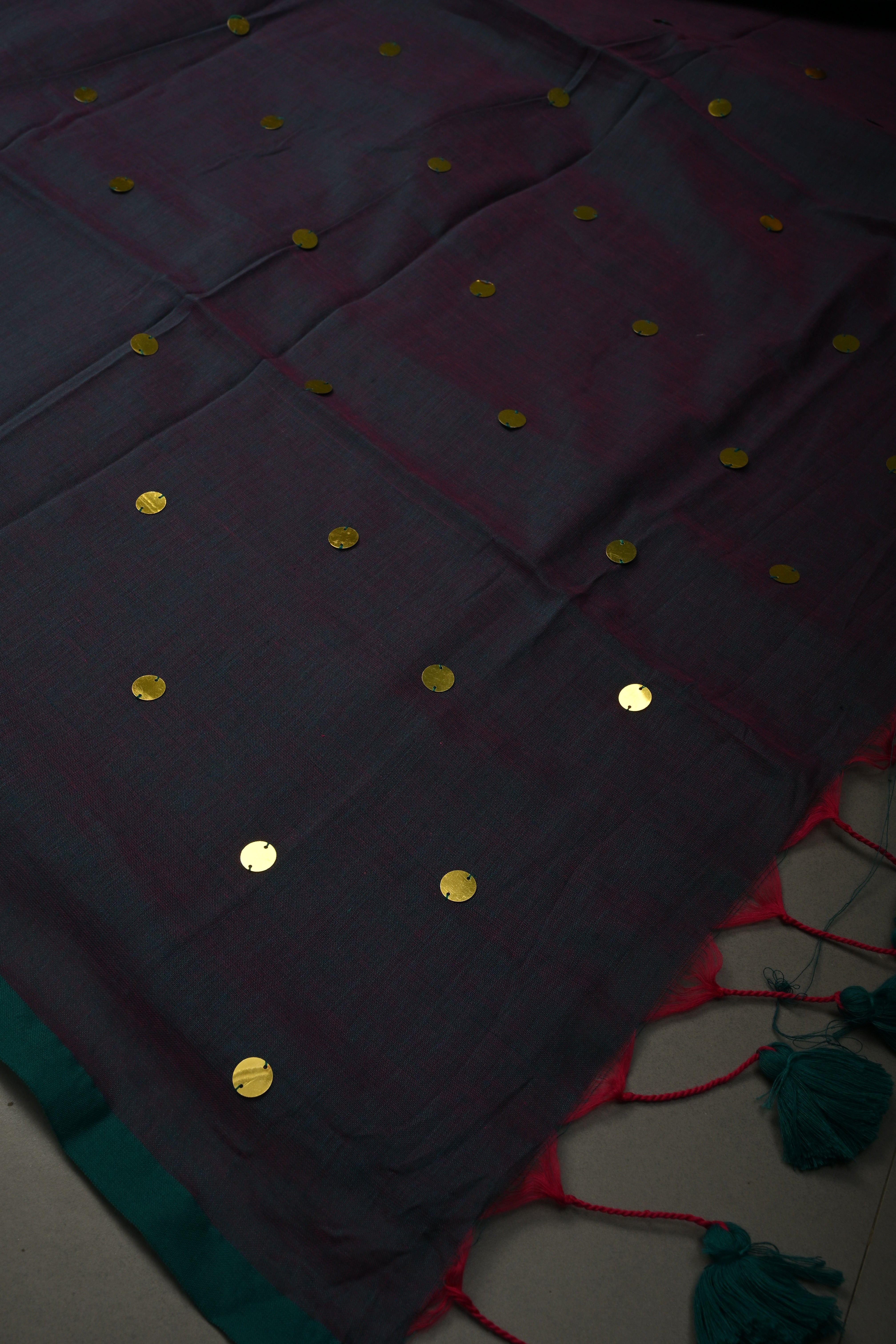 Peacock Green-Pink Dual Tone Mercerized Mul Cotton saree in With Tikki work and Long Tassels, No Blouse Piece | Shobitam