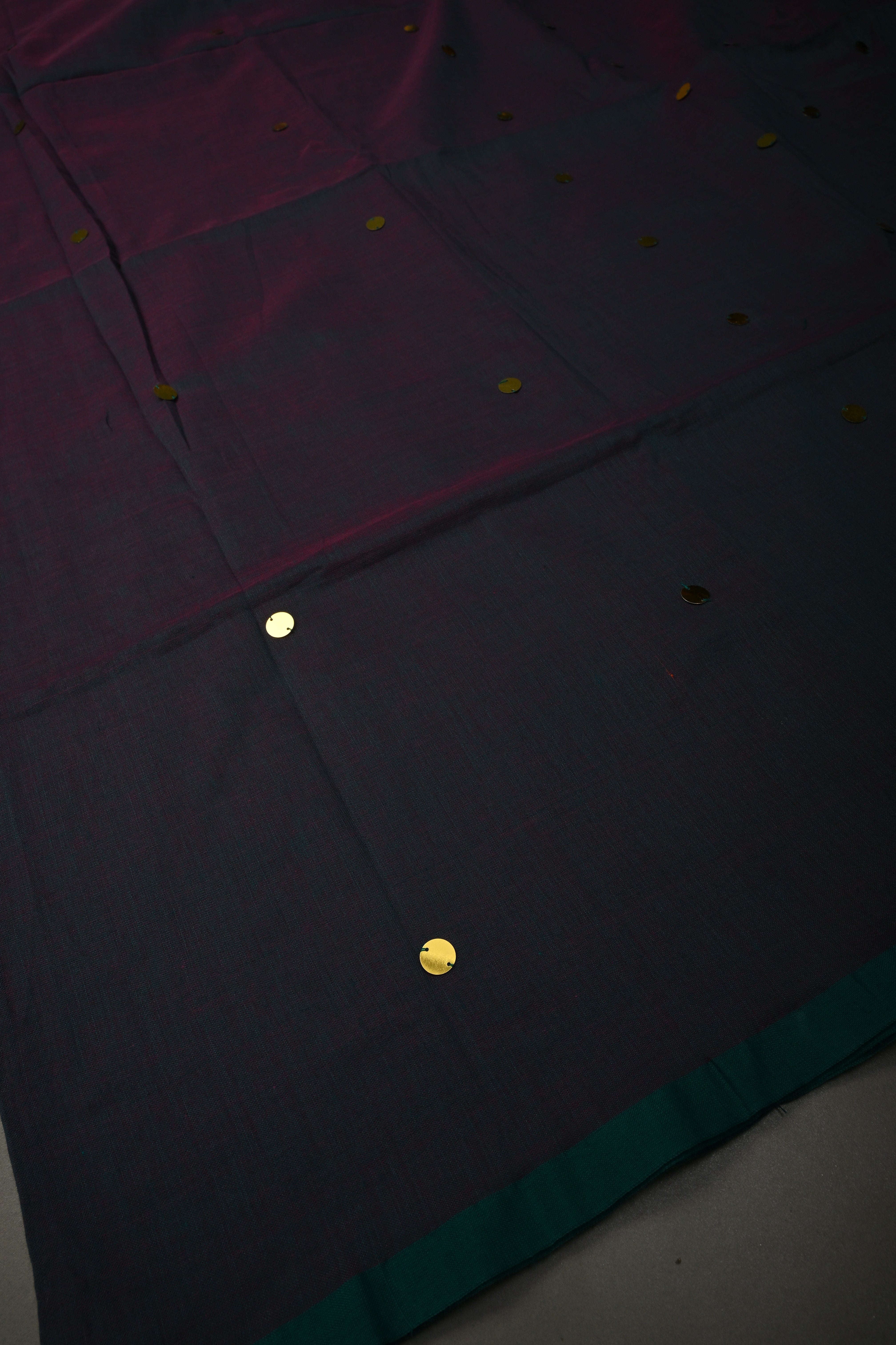 Peacock Green-Pink Dual Tone Mercerized Mul Cotton saree in With Tikki work and Long Tassels, No Blouse Piece | Shobitam